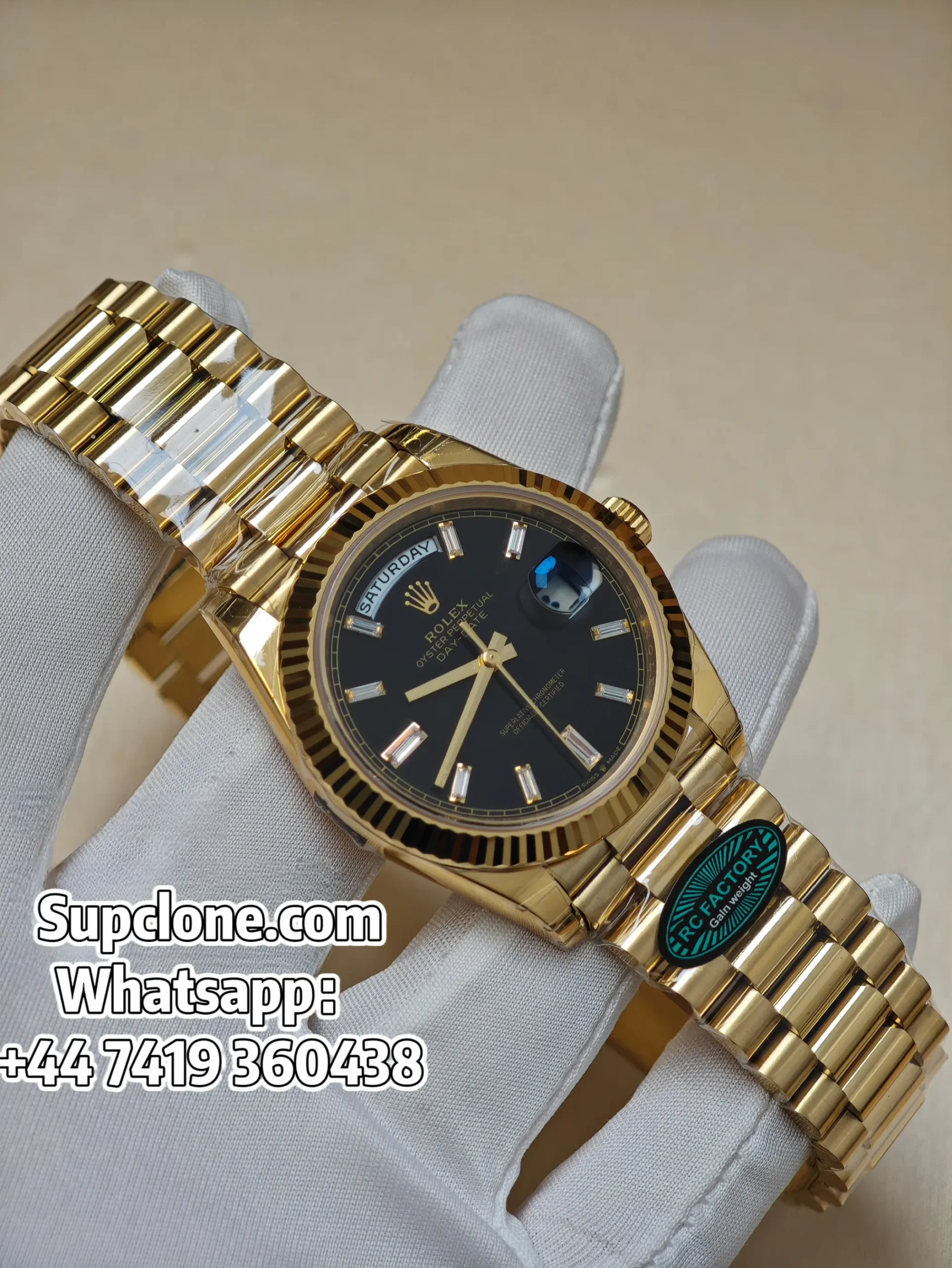 Rolex-Day-Date-40mm-Yellow-Gold-Black-Diamond-Dial-–-Super-Clone-11-Cal.-3255