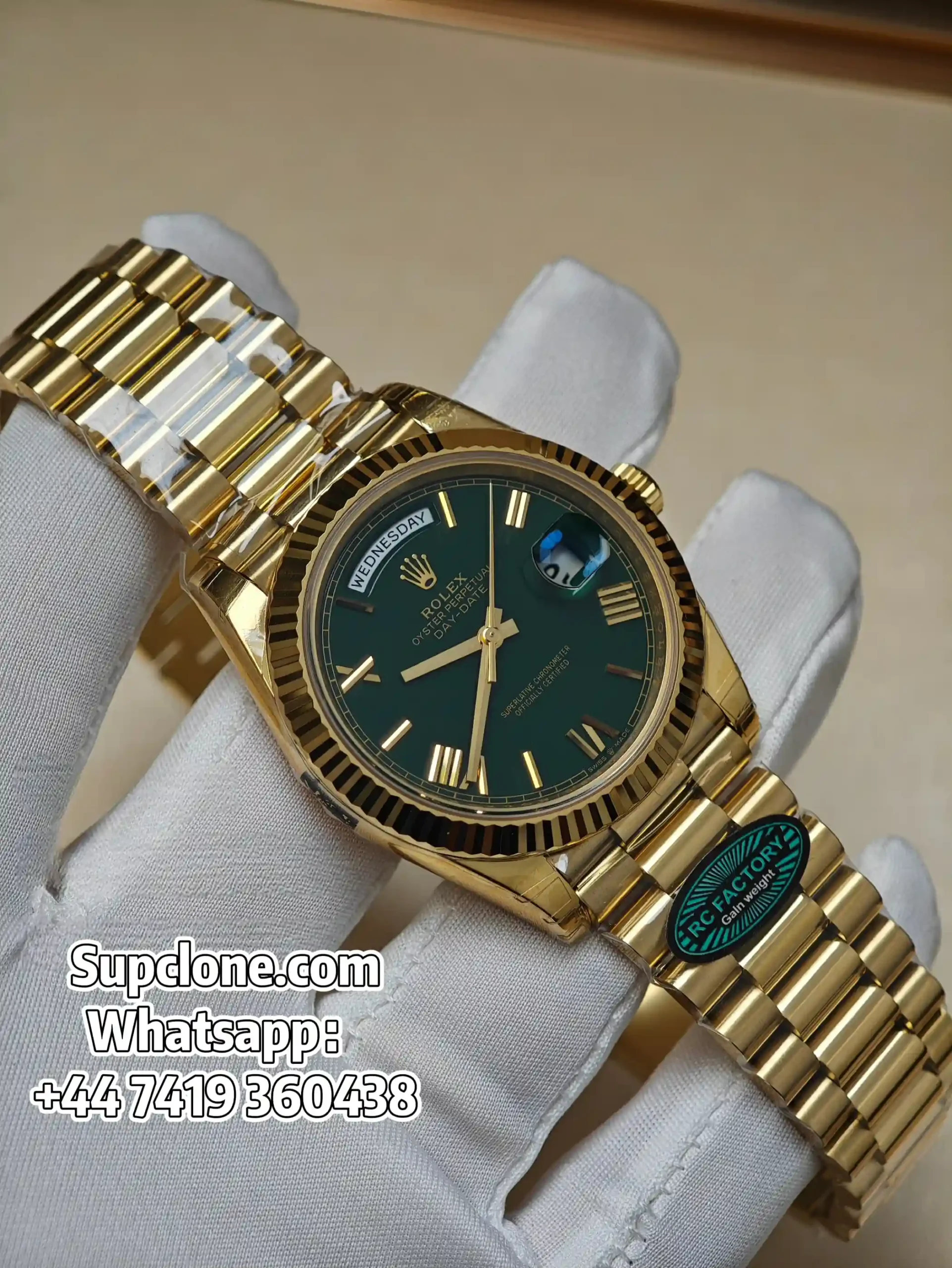 Rolex Day-Date 40mm Yellow Gold Green Roman Dial – Super Clone 11