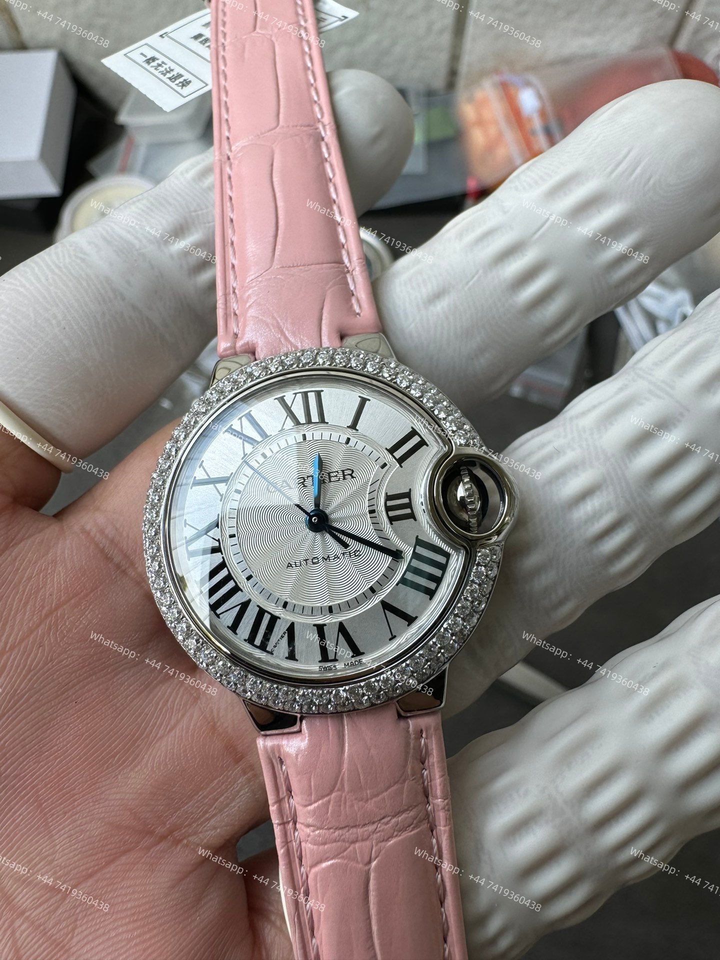 Cartier Super Clone Ballon Bleu Diamond Bezel 33MM Pink Leather Strap
