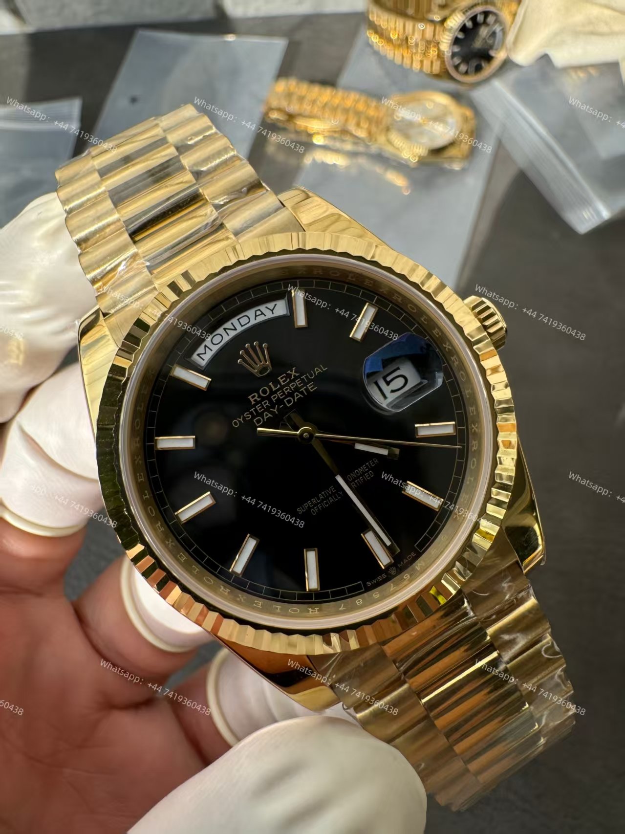 Rolex Day-Date M228238-0067 1:1 Replica Gold Black Dial 40MM 3255 Movement Presidential Bracelet Super Clone Watch