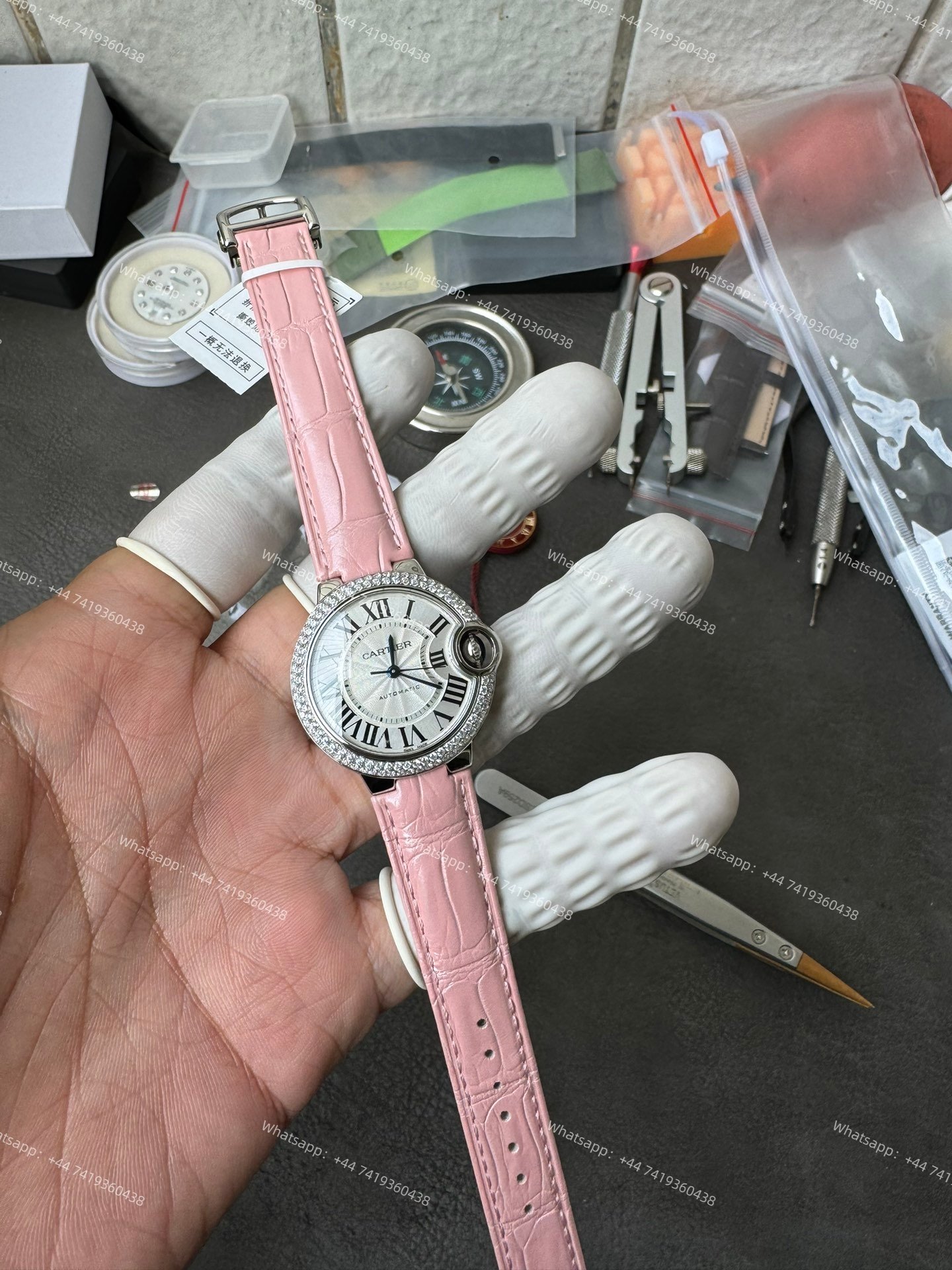 Cartier Super Clone Ballon Bleu Diamond Bezel 33MM Pink Leather Strap