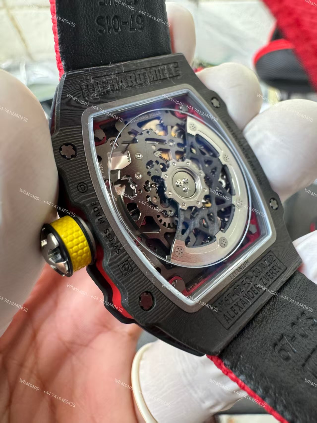 Super Clone Richard Mille RM67-02 Carbon TPT Skeleton Tourbillon 1:1 Replica Watch with Red Strap
