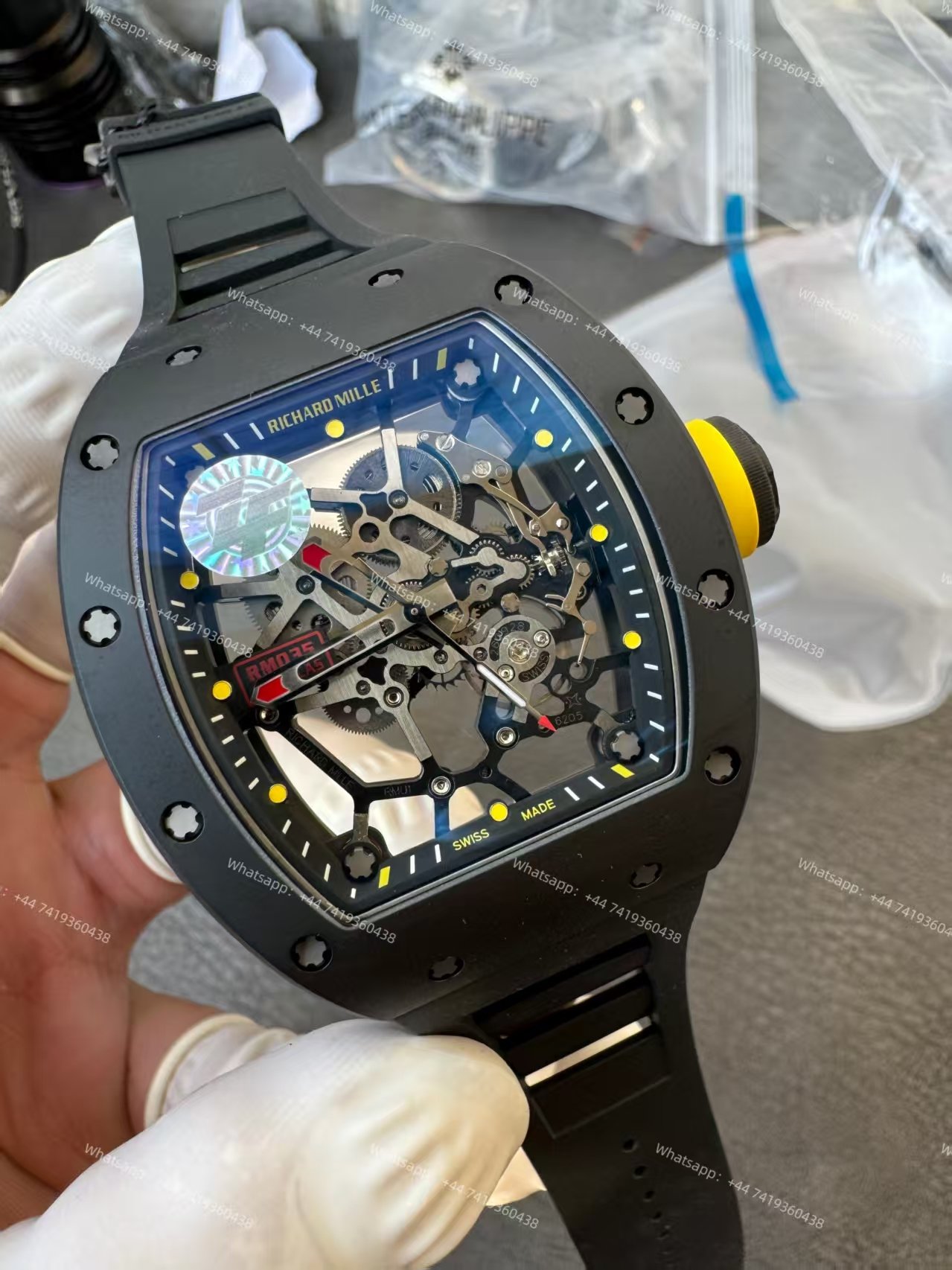 Super Clone Richard Mille RM 035 Americas Black Ceramic Skeleton Black Rubber Strap 1:1 Replica Watch