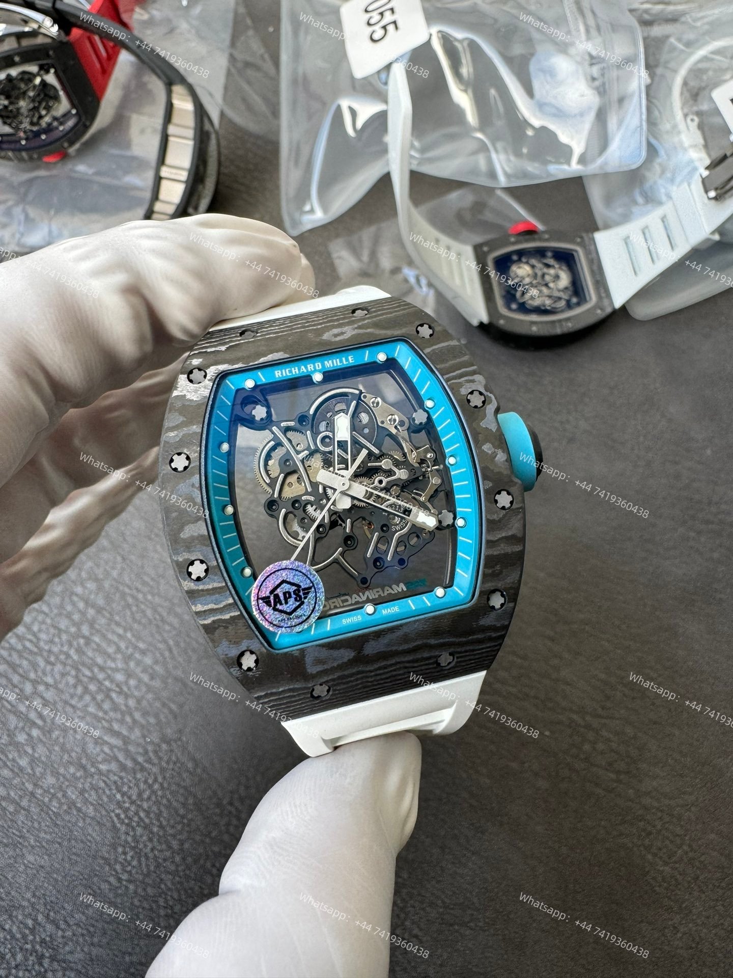 Super Clone Richard Mille RM 055 Carbon TPT Blue Inner Bezel White Rubber Strap 1:1 Replica Watch