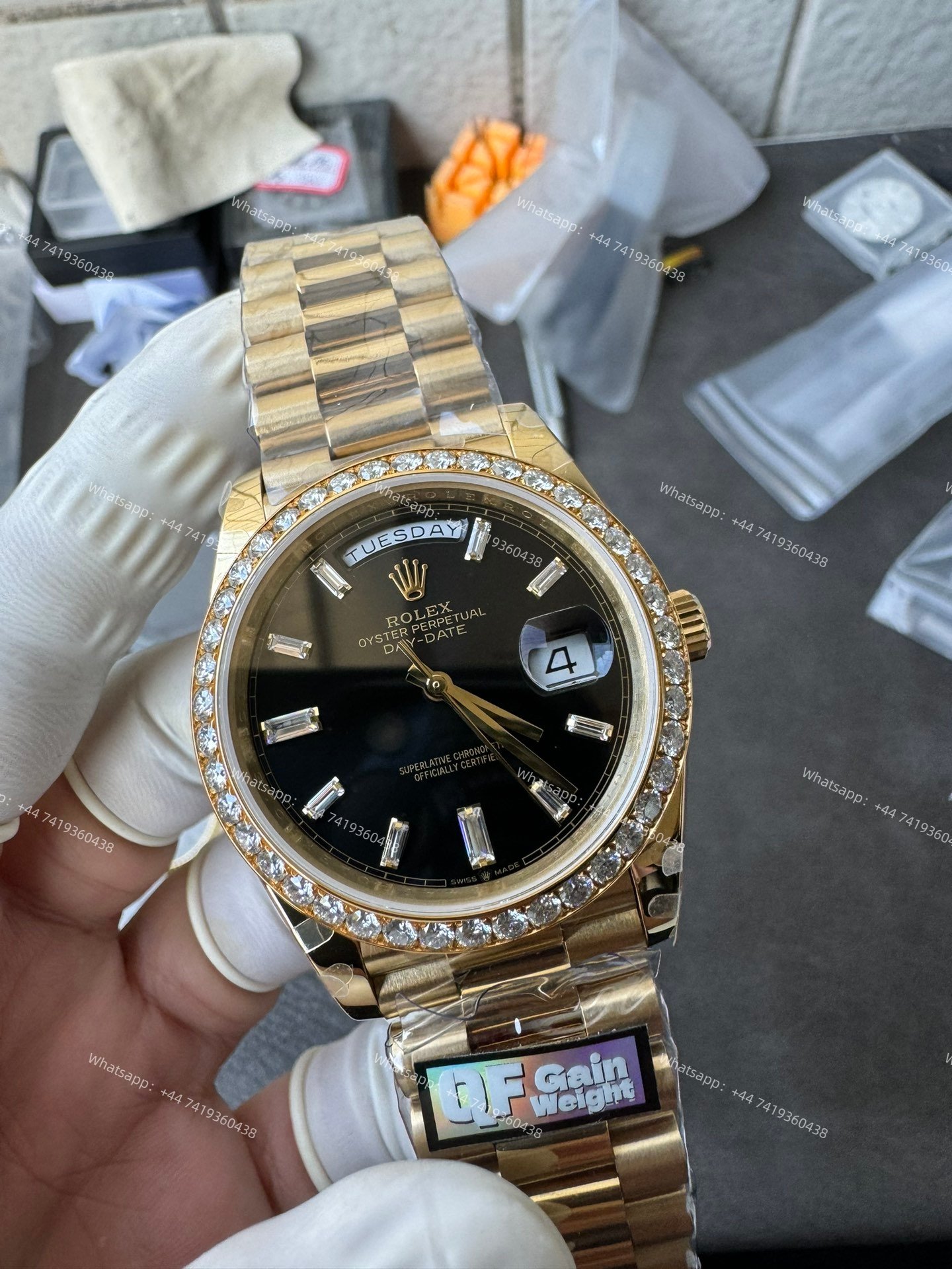 Rolex Day-Date M228348RBR-0001 1:1 Replica Moissanite Diamond Bezel Black Dial 40MM 3255 Movement Super Clone Watch