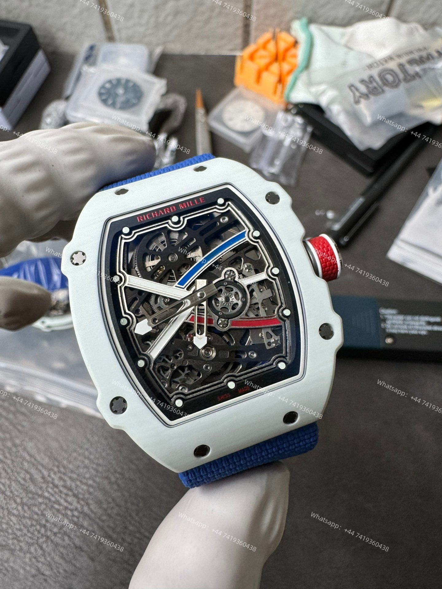 Super Clone Richard Mille RM67-02 White Ceramic Skeleton Tourbillon 1:1 Replica Watch with Blue Strap