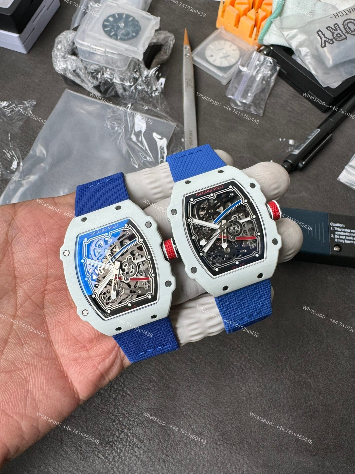 Super Clone Richard Mille RM67-02 White Ceramic Skeleton Tourbillon 1:1 Replica Watch with Blue Strap