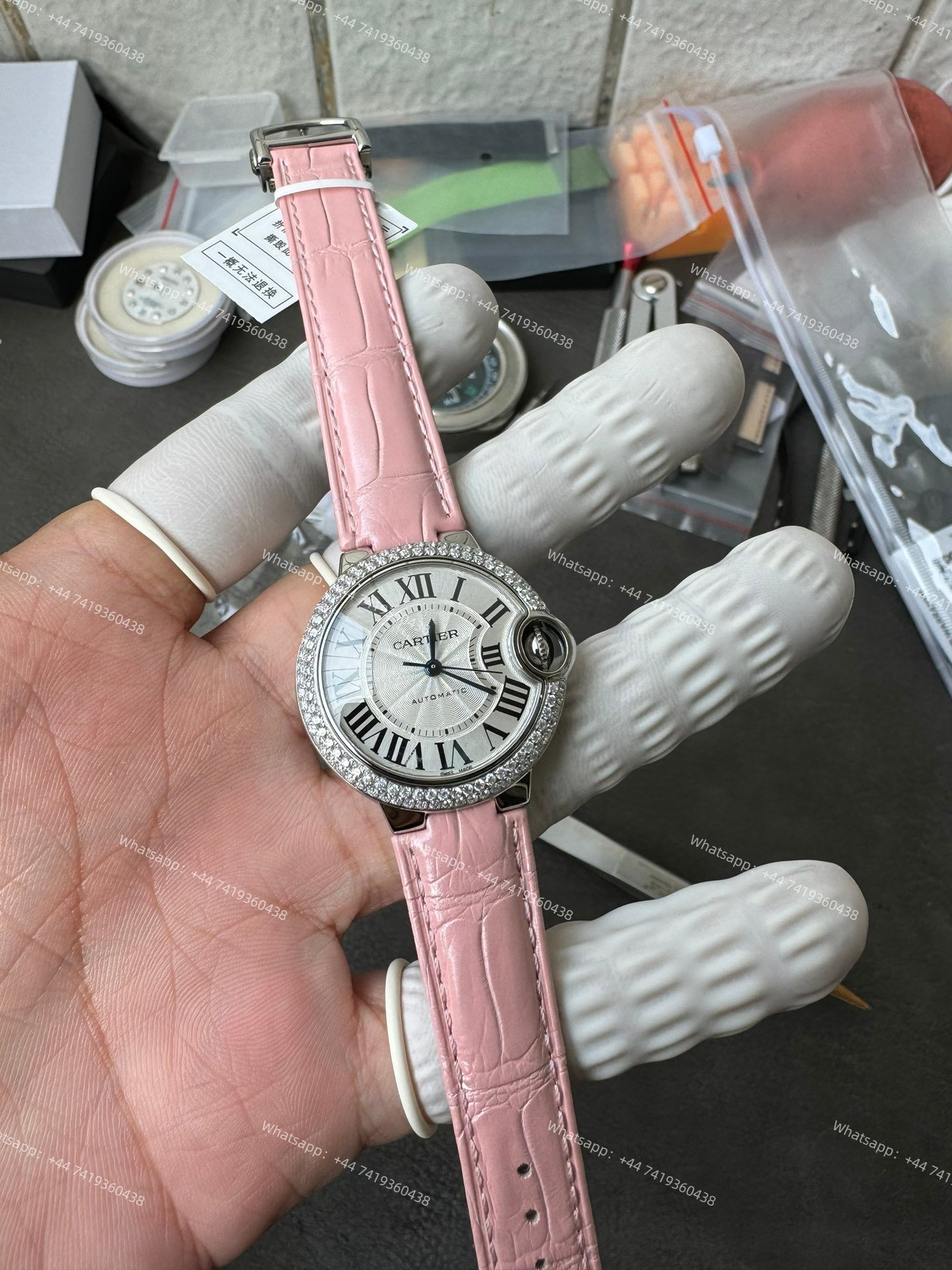 Cartier Super Clone Ballon Bleu Diamond Bezel 33MM Pink Leather Strap