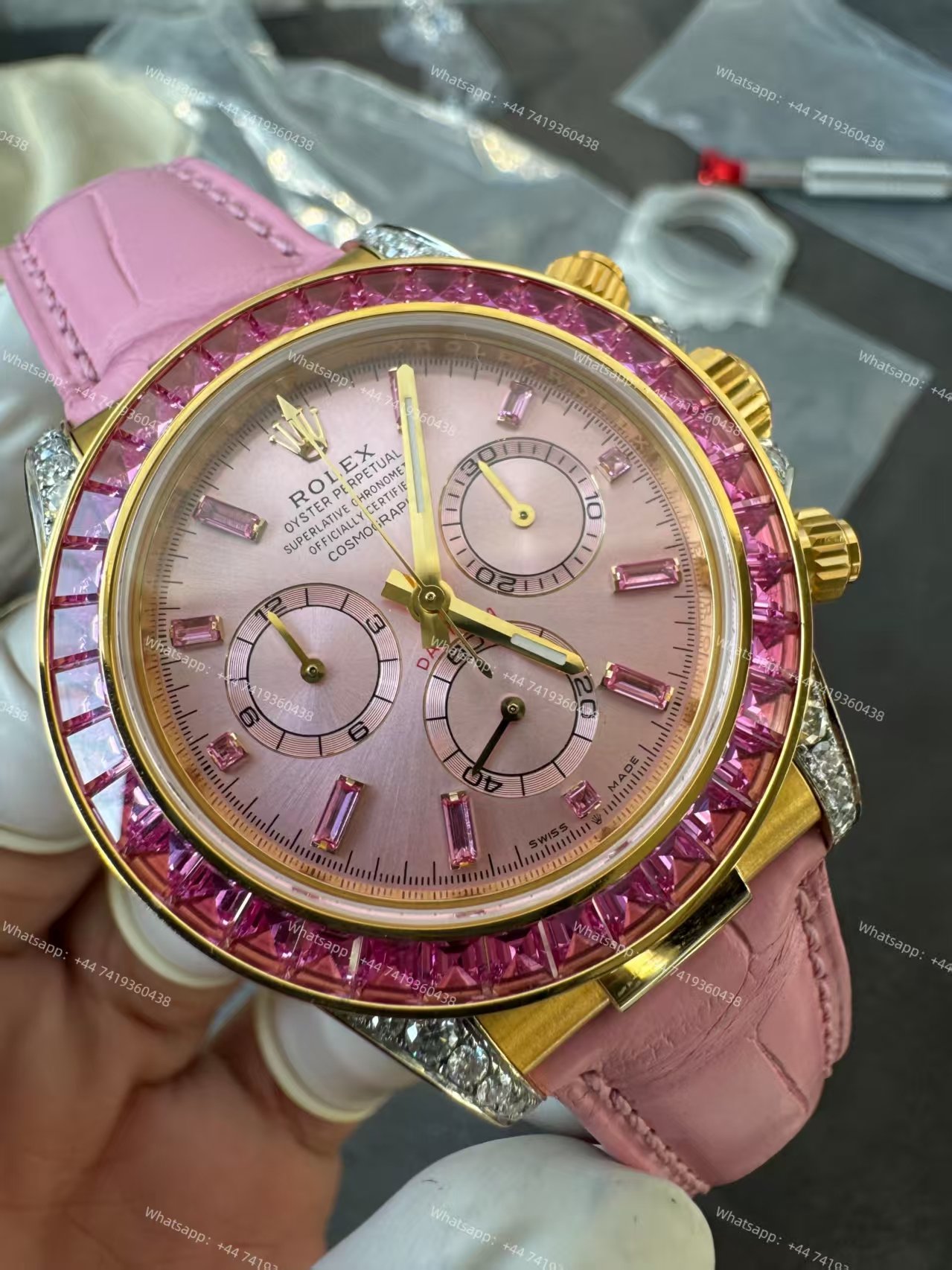 Rolex Daytona 126538TRO Pink Dial with Diamond Indexes Pink Sapphire Bezel on Pink Leather Strap Best Super Clone