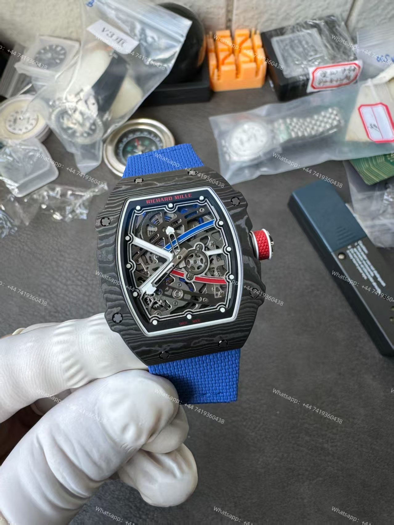 Super Clone Richard Mille RM67-02 Carbon TPT Skeleton Tourbillon 1:1 Replica Watch with Blue Strap