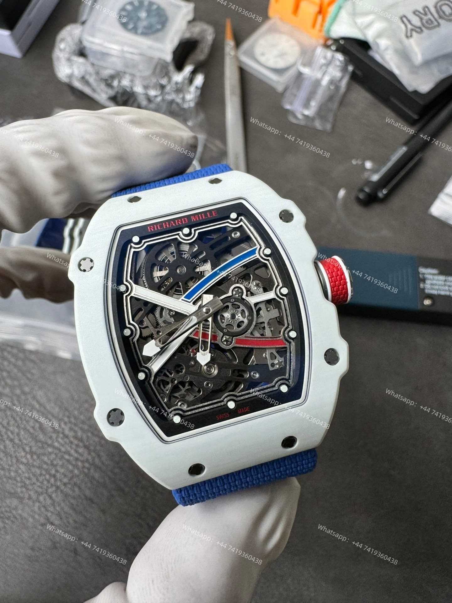 Super Clone Richard Mille RM67-02 White Ceramic Skeleton Tourbillon 1:1 Replica Watch with Blue Strap