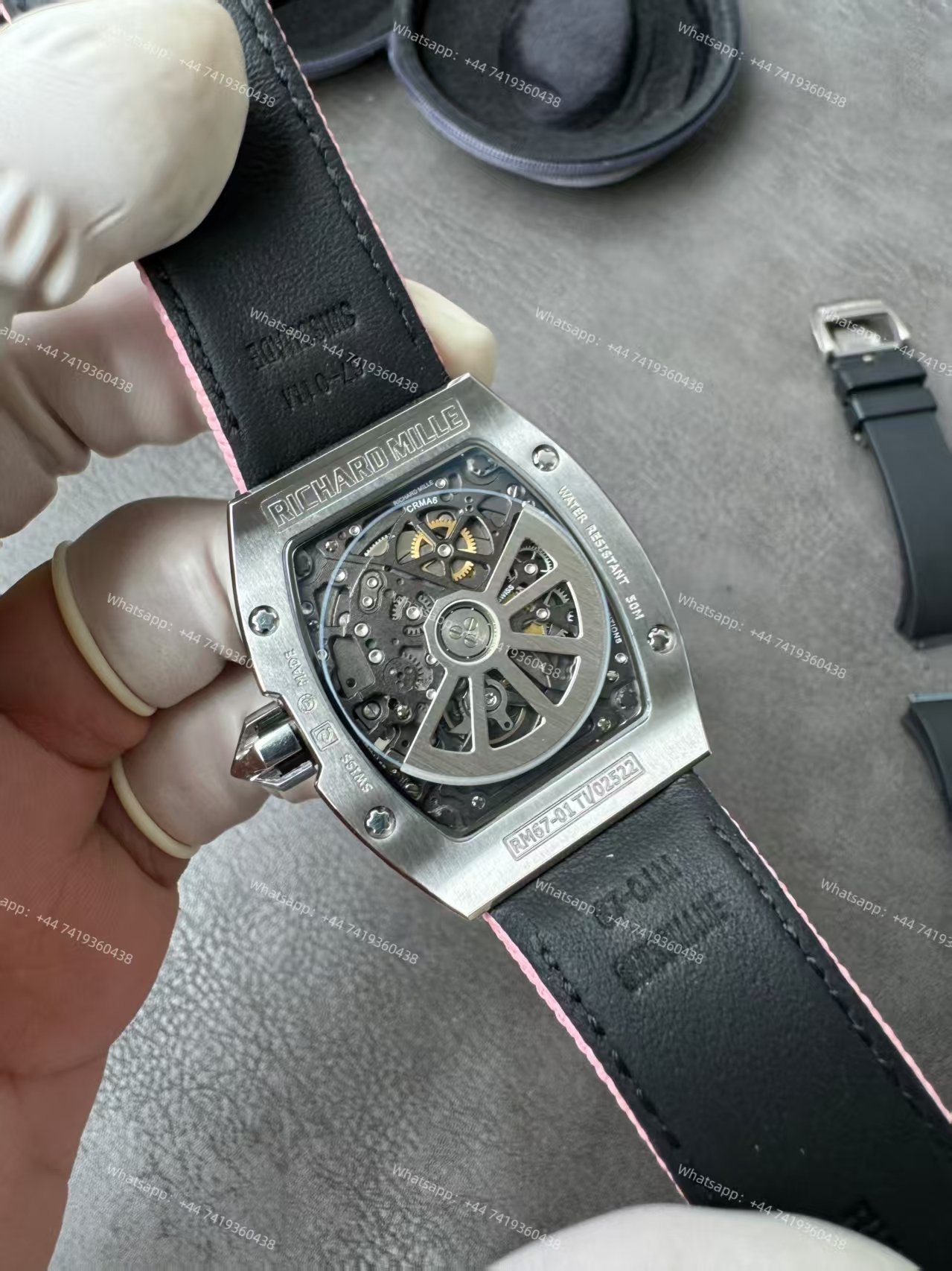 Super Clone Richard Mille RM 67-01 Titanium Skeleton Pink Velcro Strap