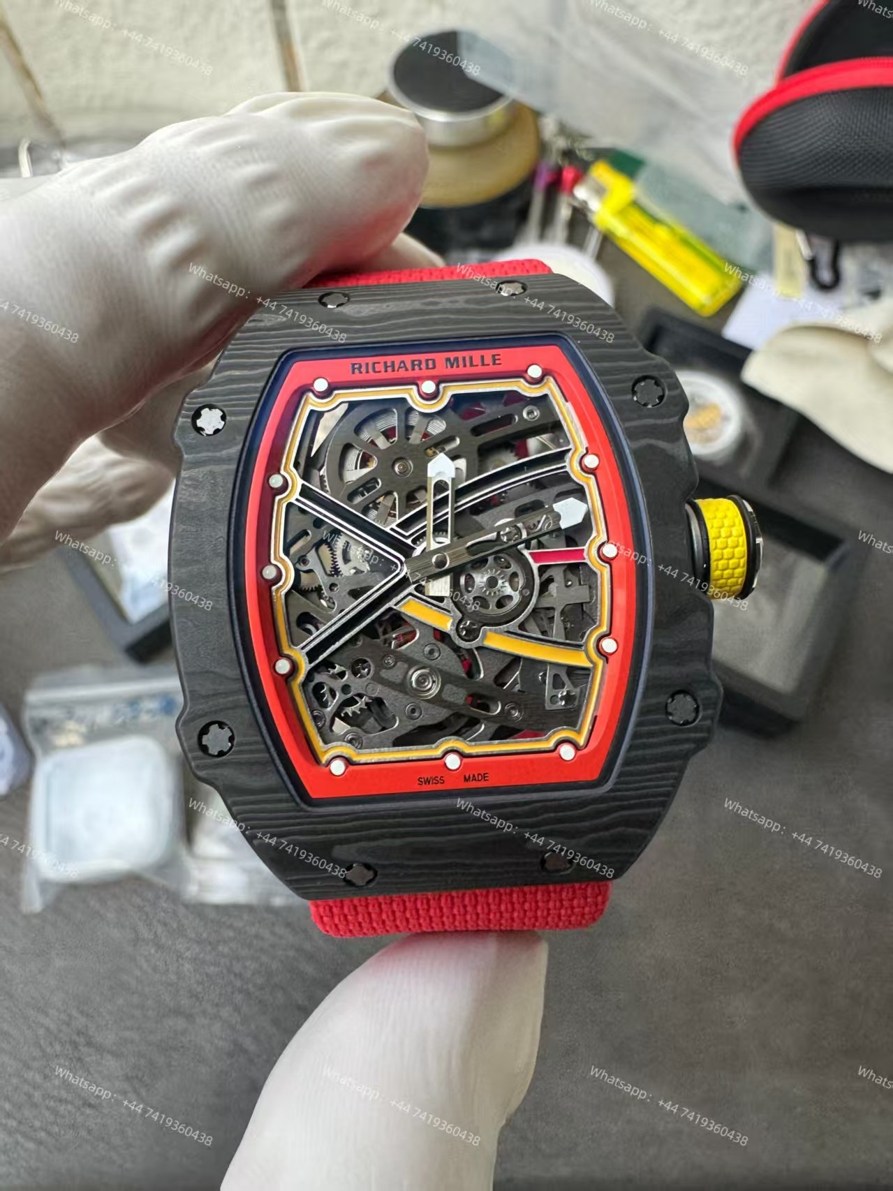 Super Clone Richard Mille RM67-02 Carbon TPT Skeleton Tourbillon 1:1 Replica Watch with Red Strap