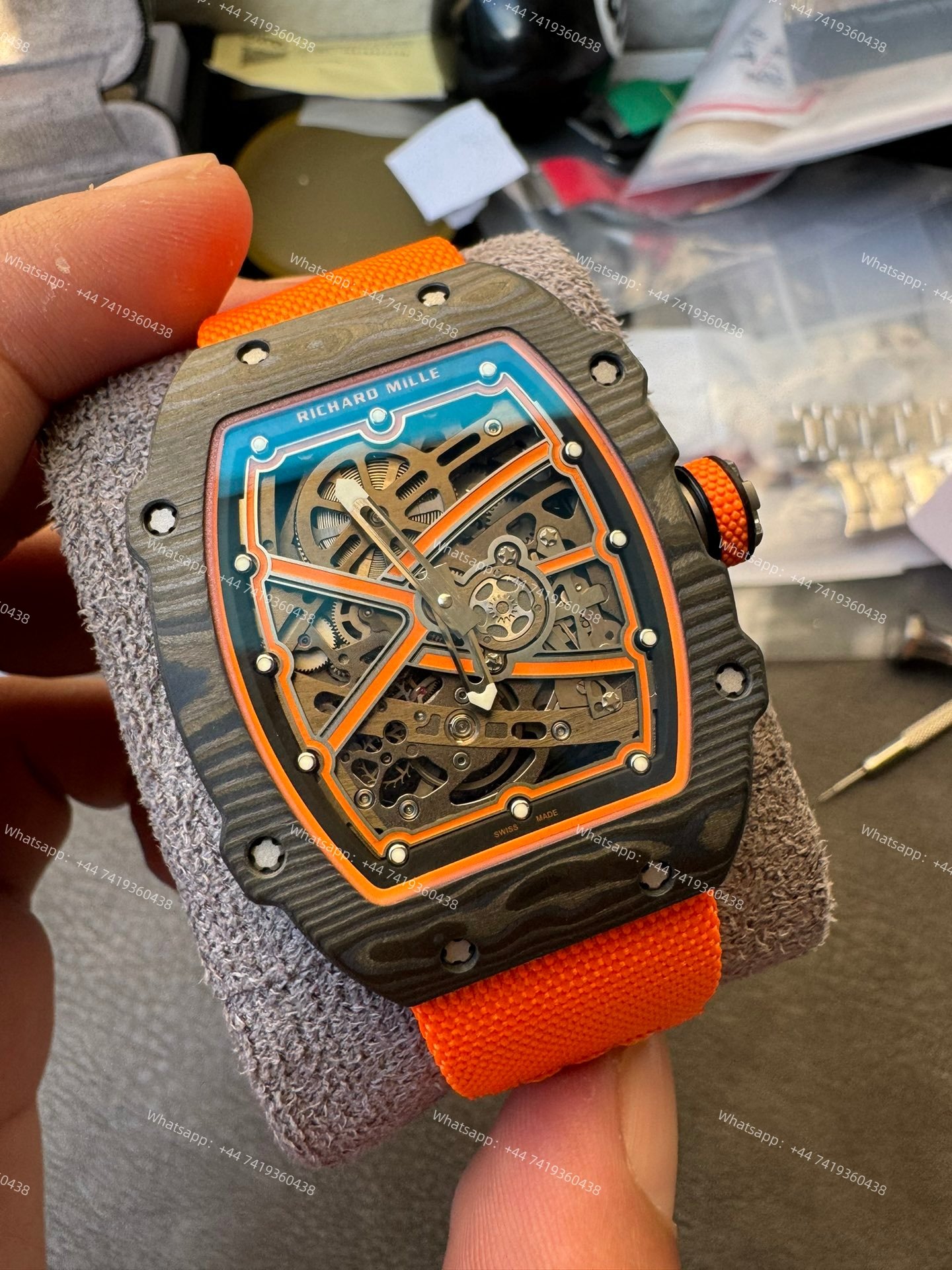 Super Clone Richard Mille RM67-02 Carbon TPT Skeleton Tourbillon 1:1 Replica Watch with Orange Strap