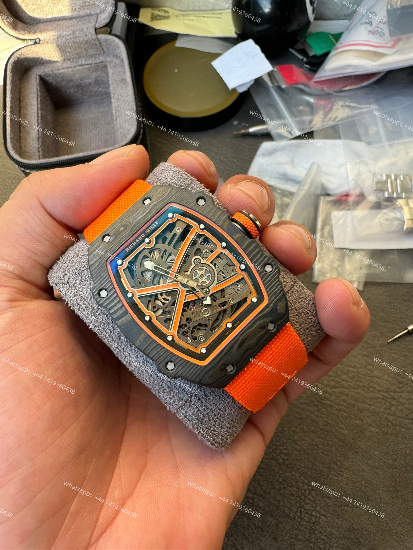 Super Clone Richard Mille RM67-02 Carbon TPT Skeleton Tourbillon 1:1 Replica Watch with Orange Strap