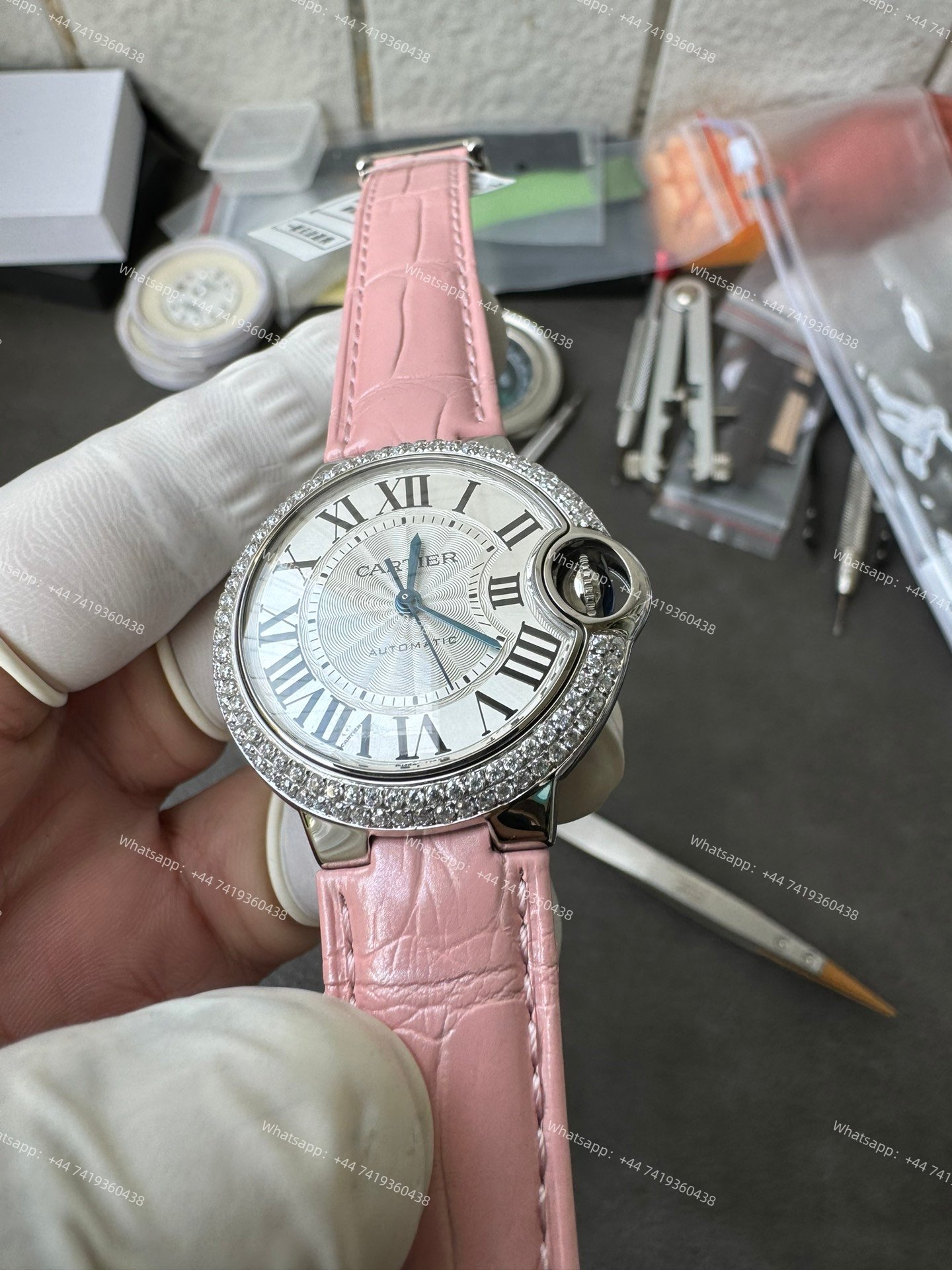 Cartier Super Clone Ballon Bleu Diamond Bezel 33MM Pink Leather Strap
