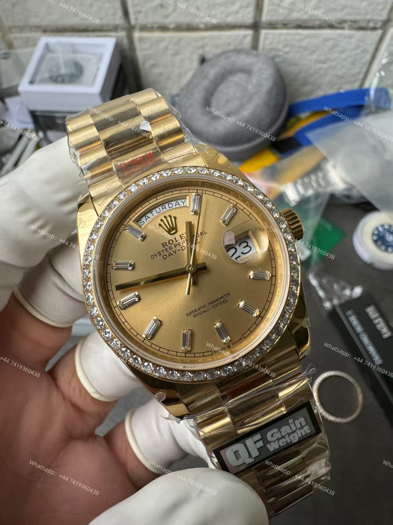 Rolex Day-Date M228348rbr-0002 Gold dial Mossanite bezel Presidential bracelet 3255 Movement (40mm) Best Super Clone
