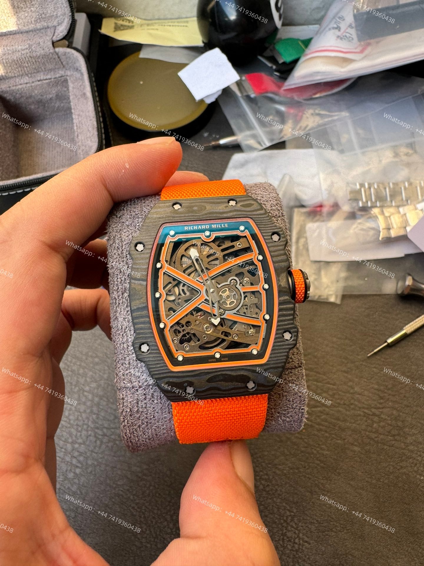 Super Clone Richard Mille RM67-02 Carbon TPT Skeleton Tourbillon 1:1 Replica Watch with Orange Strap