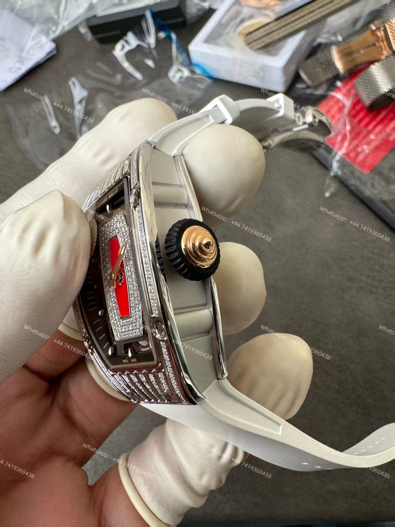 Super Clone Richard Mille RM 07 Full Diamond 1:1 Replica Watch with White Rubber Strap