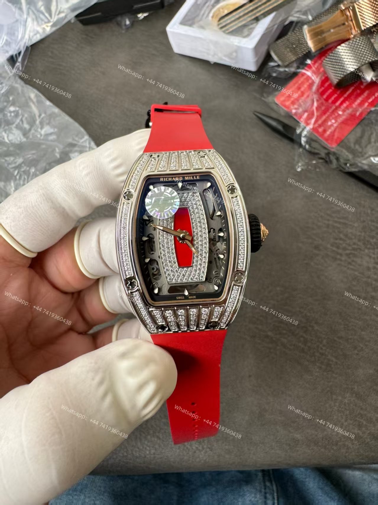 Super Clone Richard Mille RM 07 Full Diamond 1:1 Replica Watch with Red Rubber Strap