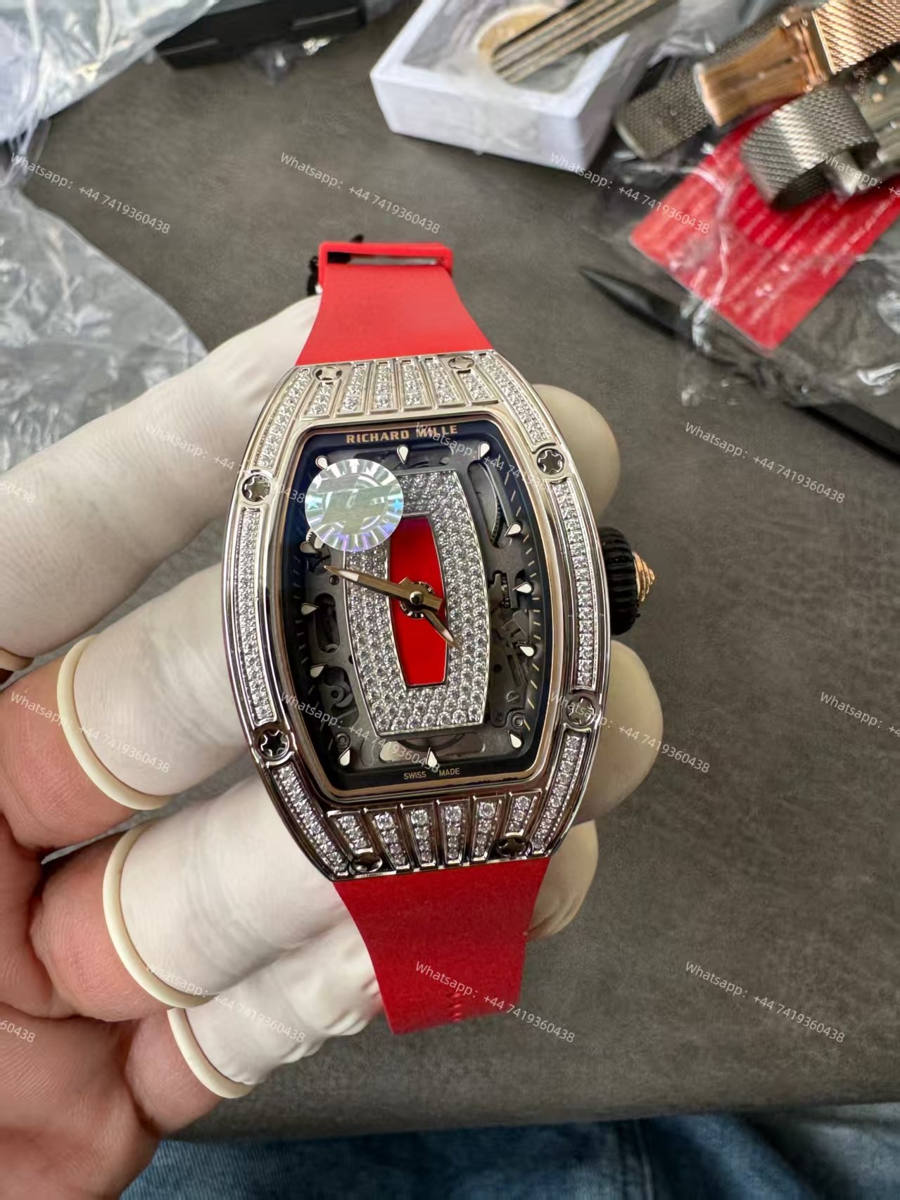 Super Clone Richard Mille RM 07 Full Diamond 1:1 Replica Watch with Red Rubber Strap