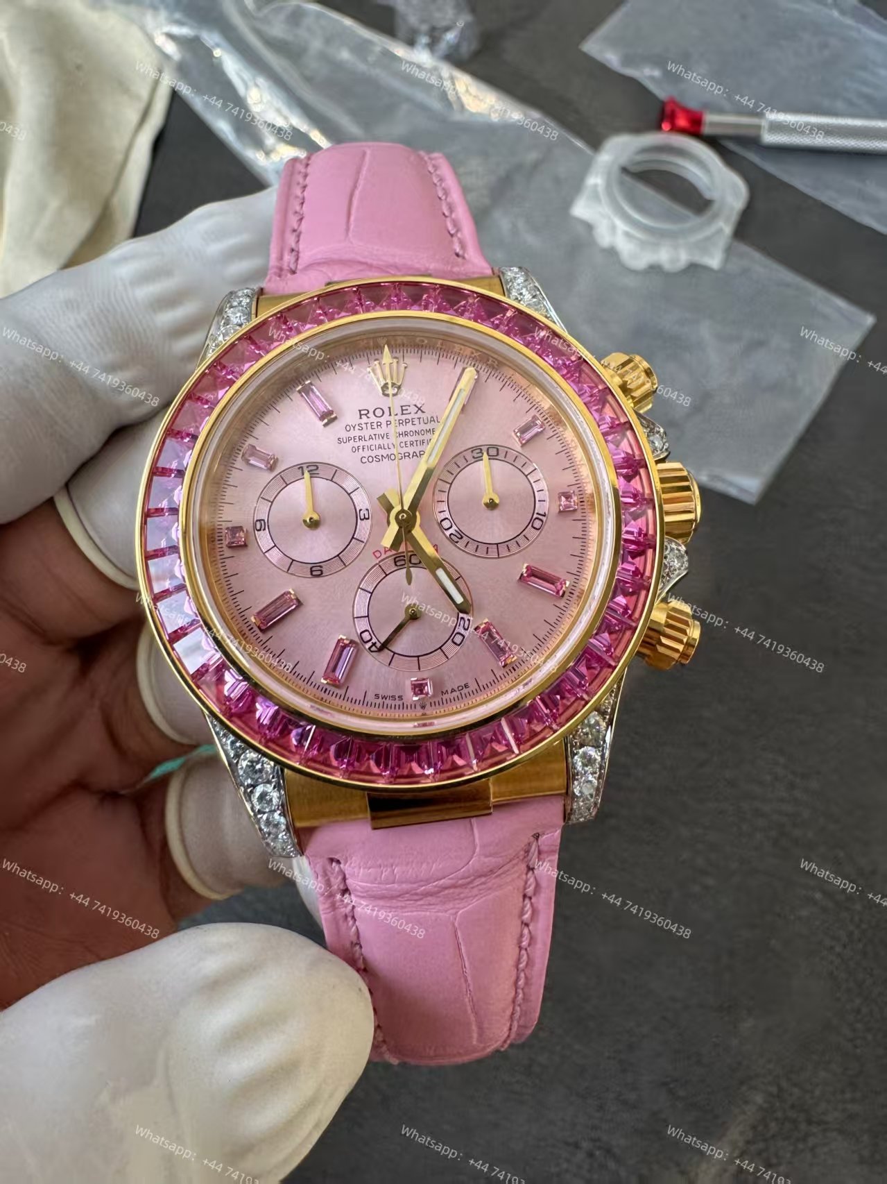 Rolex Daytona 126538TRO Pink Dial with Diamond Indexes Pink Sapphire Bezel on Pink Leather Strap Best Super Clone