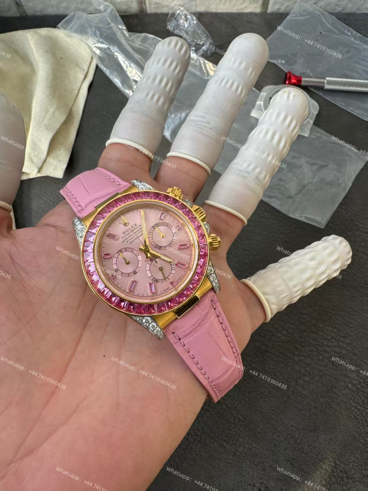 Rolex Daytona 126538TRO Pink Dial with Diamond Indexes Pink Sapphire Bezel on Pink Leather Strap Best Super Clone