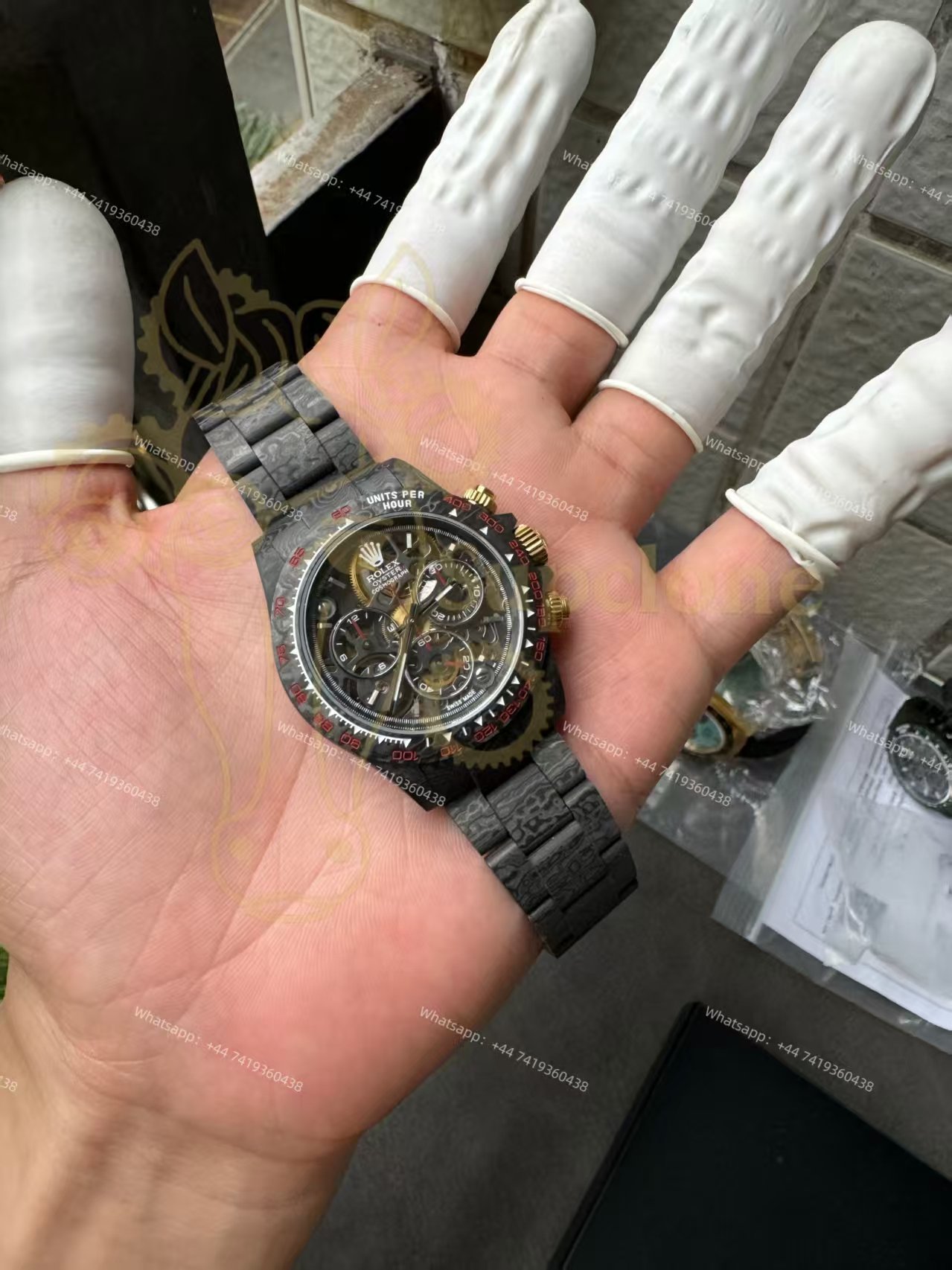 Rolex Super Clone Carbon Fiber Daytona Skeleton Red Accents Gold Pushers