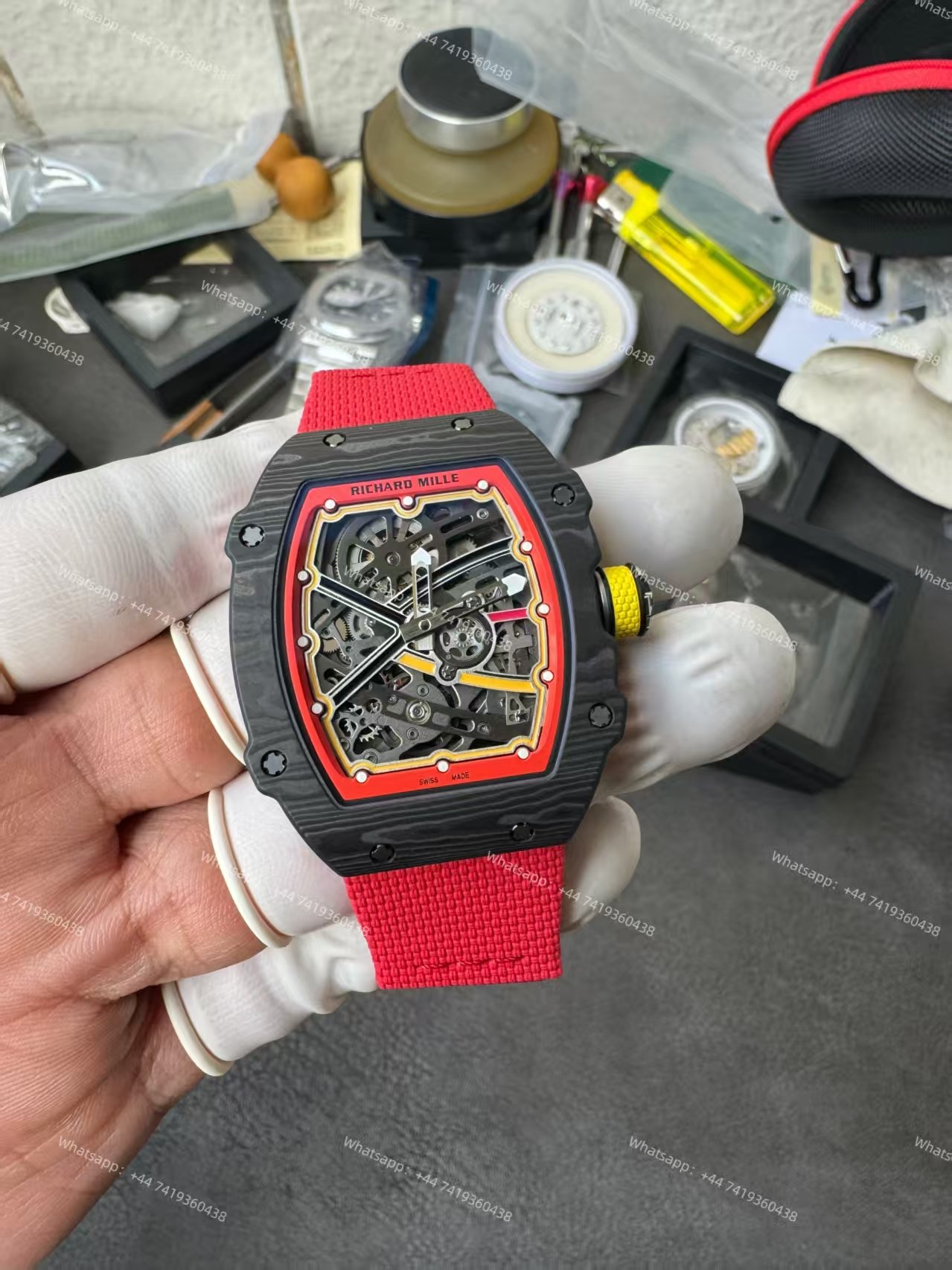 Super Clone Richard Mille RM67-02 Carbon TPT Skeleton Tourbillon 1:1 Replica Watch with Red Strap