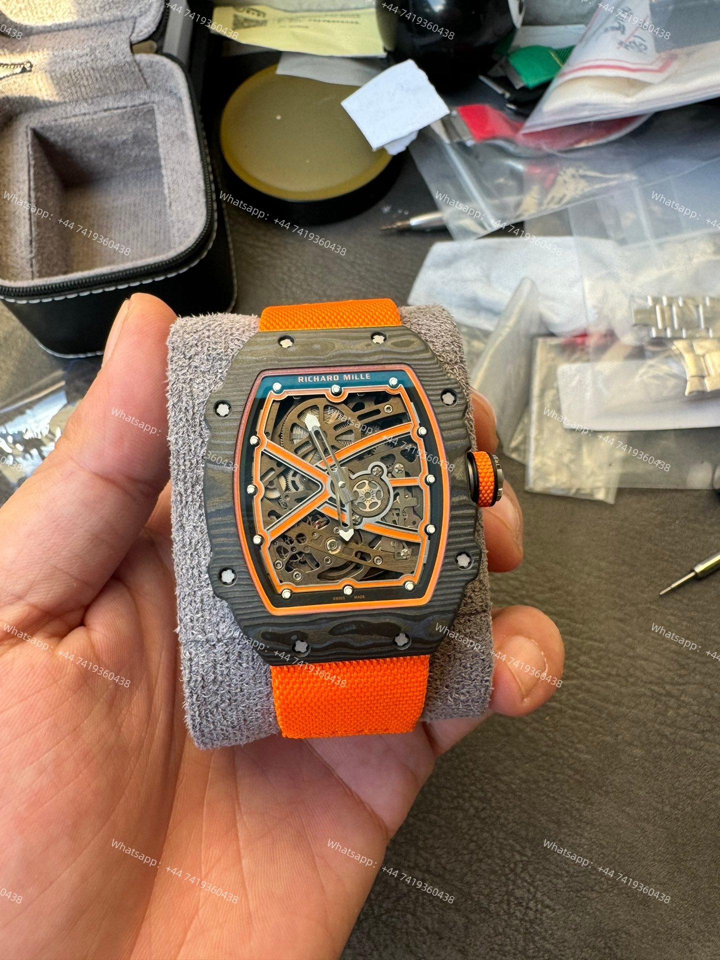 Super Clone Richard Mille RM67-02 Carbon TPT Skeleton Tourbillon 1:1 Replica Watch with Orange Strap