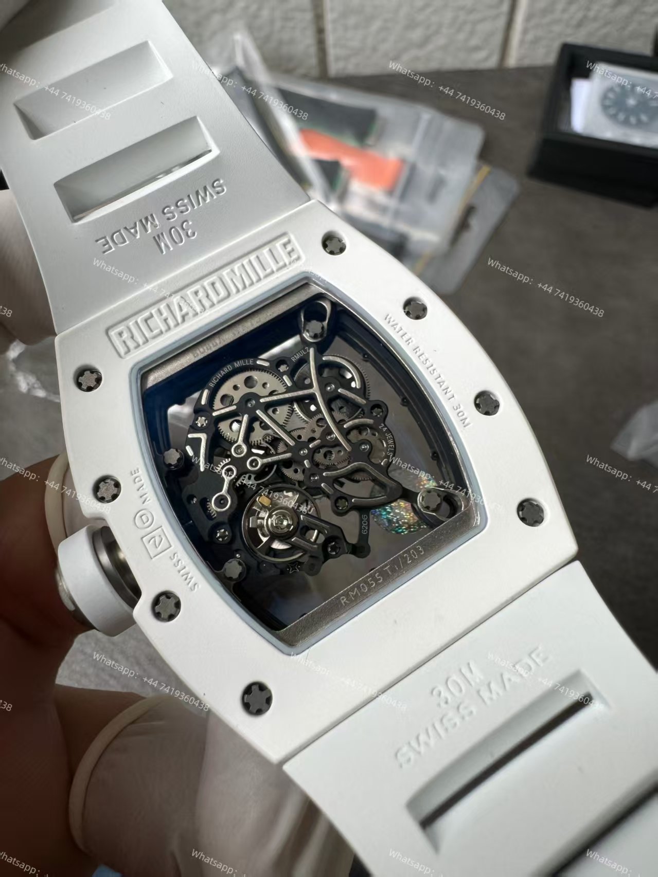 Super Clone Richard Mille RM 055 White Ceramic Titanium Skeleton White Rubber Strap 1:1 Replica Watch