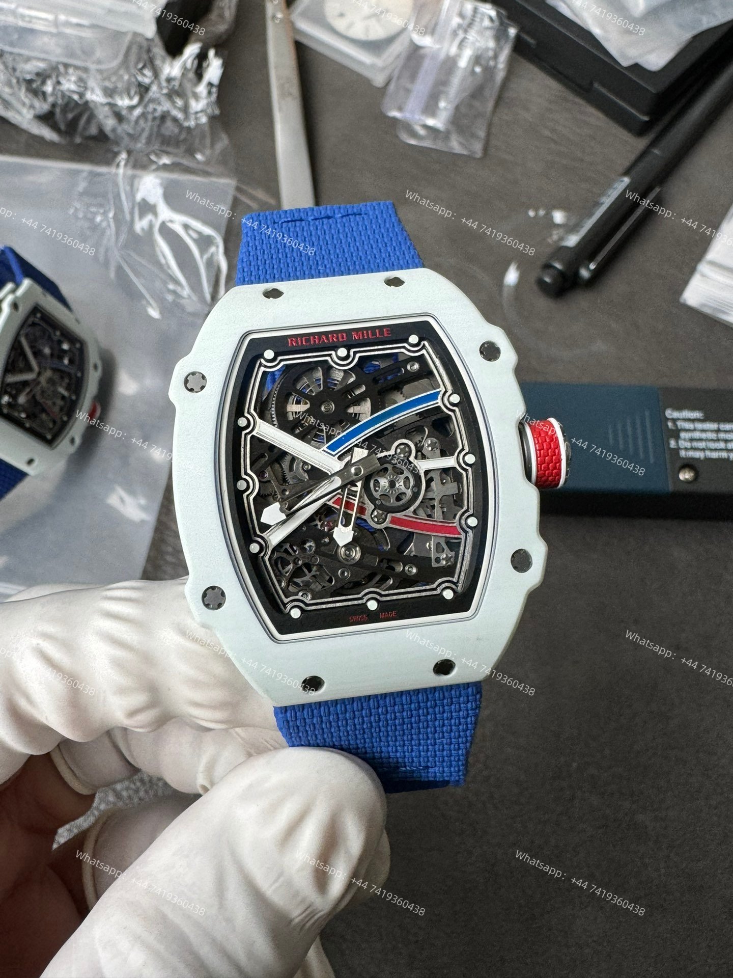 Super Clone Richard Mille RM67-02 White Ceramic Skeleton Tourbillon 1:1 Replica Watch with Blue Strap