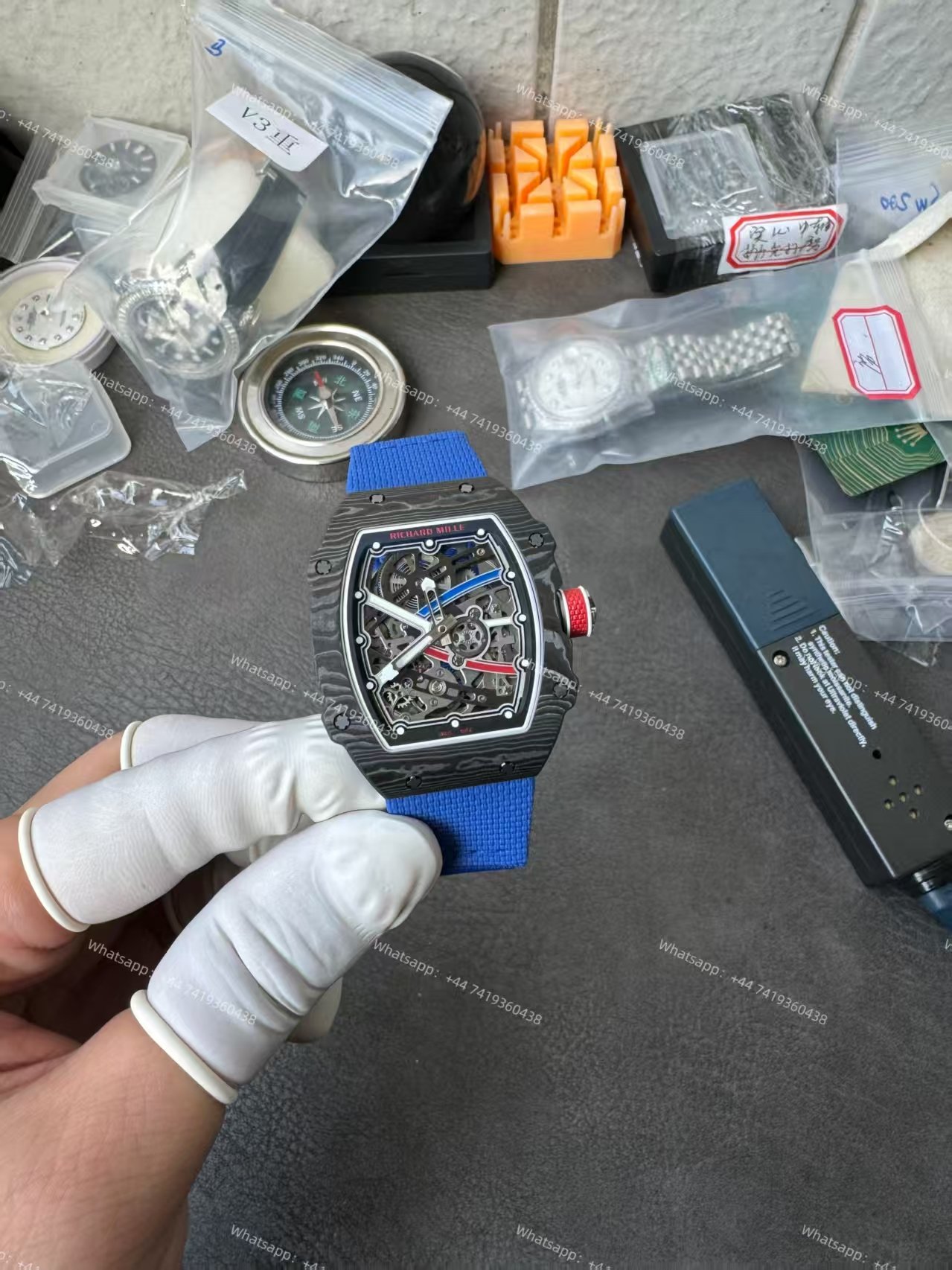 Super Clone Richard Mille RM67-02 Carbon TPT Skeleton Tourbillon 1:1 Replica Watch with Blue Strap