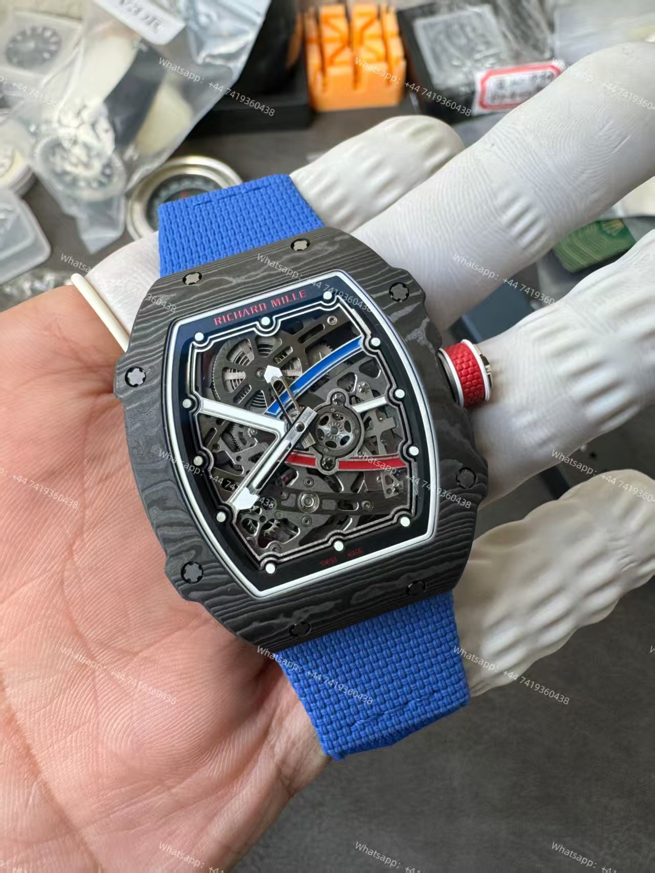 Super Clone Richard Mille RM67-02 Carbon TPT Skeleton Tourbillon 1:1 Replica Watch with Blue Strap
