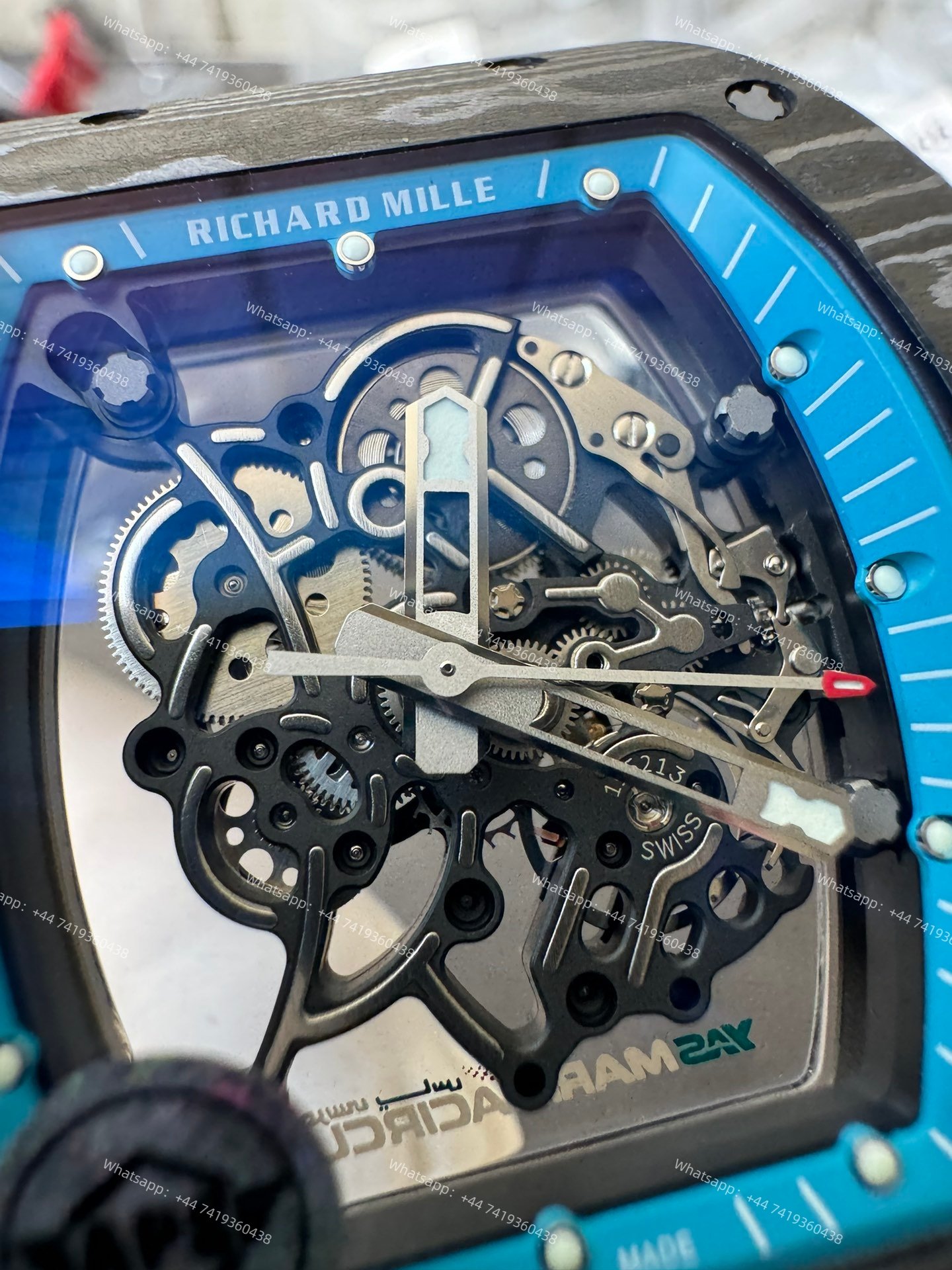 Super Clone Richard Mille RM 055 Carbon TPT Blue Inner Bezel White Rubber Strap 1:1 Replica Watch