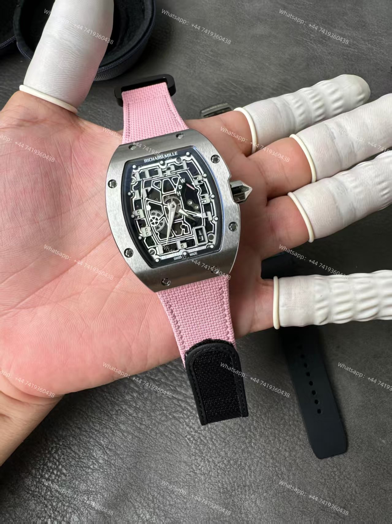Super Clone Richard Mille RM 67-01 Titanium Skeleton Pink Velcro Strap