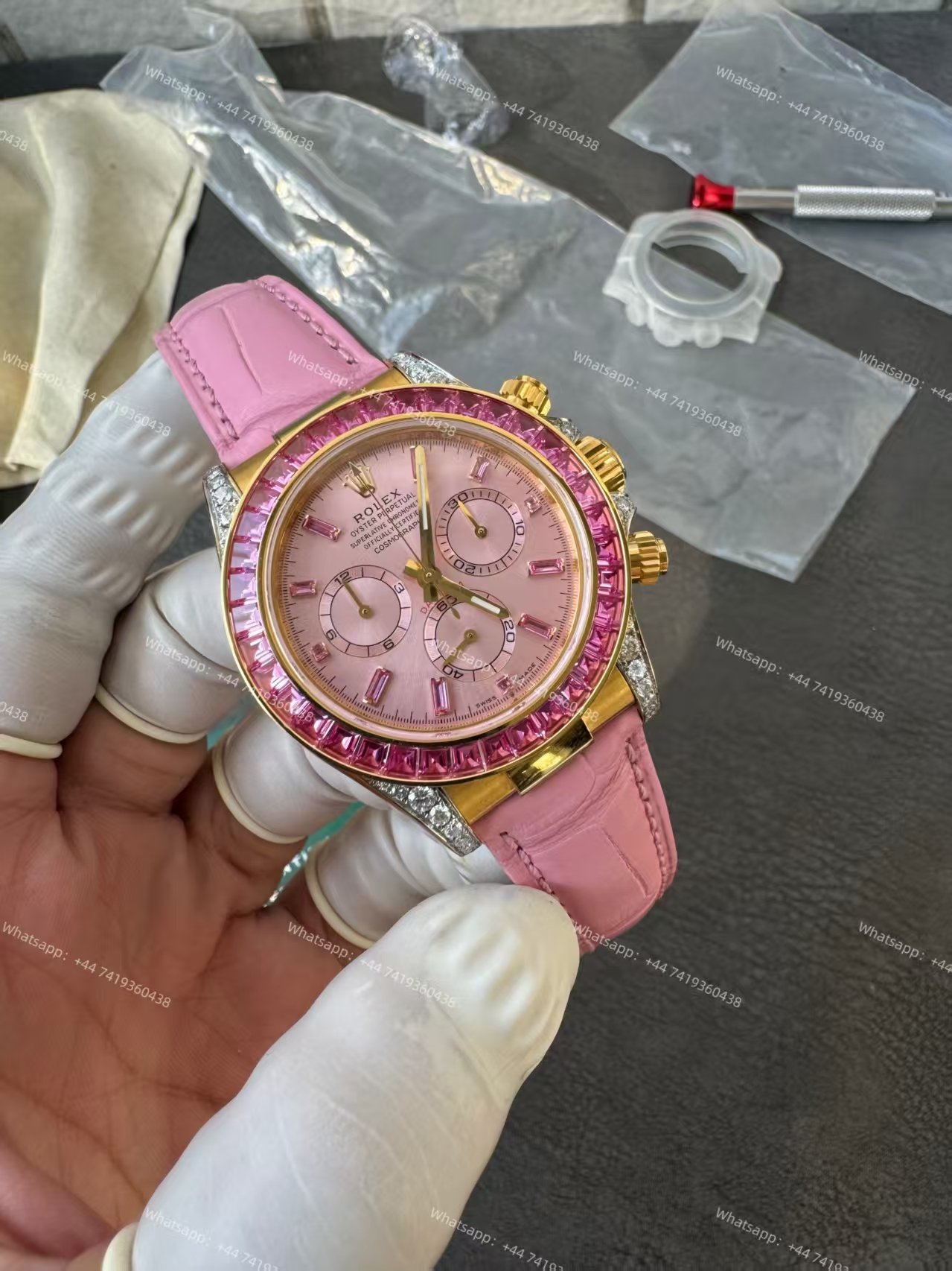 Rolex Daytona 126538TRO Pink Dial with Diamond Indexes Pink Sapphire Bezel on Pink Leather Strap Best Super Clone