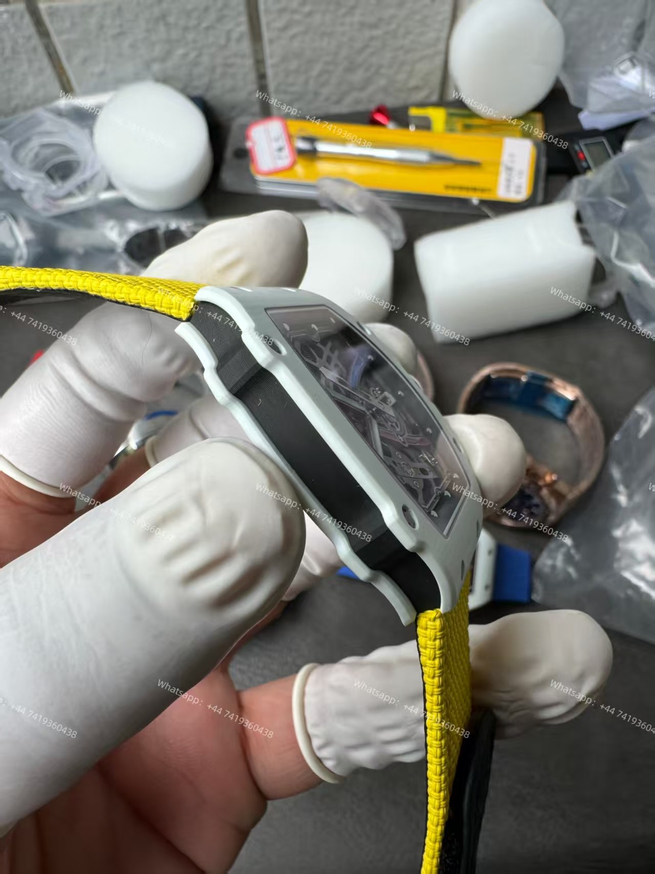 Super Clone Richard Mille RM67-02 White Ceramic Skeleton Tourbillon 1:1 Replica Watch with Yellow Strap