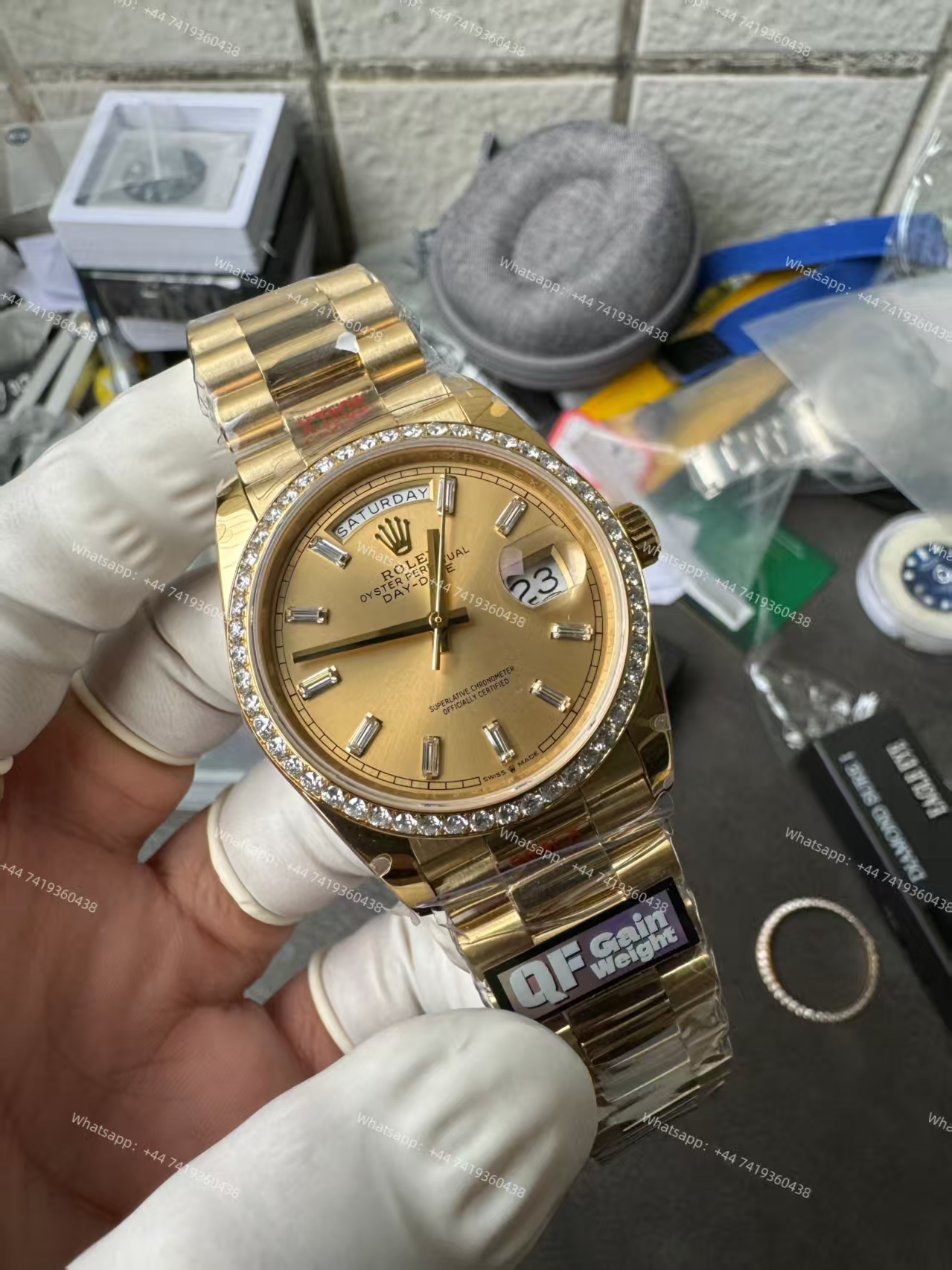 Rolex Day-Date M228348rbr-0002 Gold dial Mossanite bezel Presidential bracelet 3255 Movement (40mm) Best Super Clone