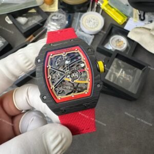 Super Clone Richard Mille RM67-02 Carbon TPT Skeleton Tourbillon 1:1 Replica Watch with Red Strap