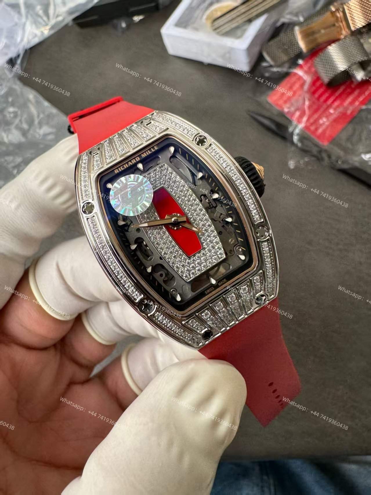 Super Clone Richard Mille RM 07 Full Diamond 1:1 Replica Watch with Red Rubber Strap