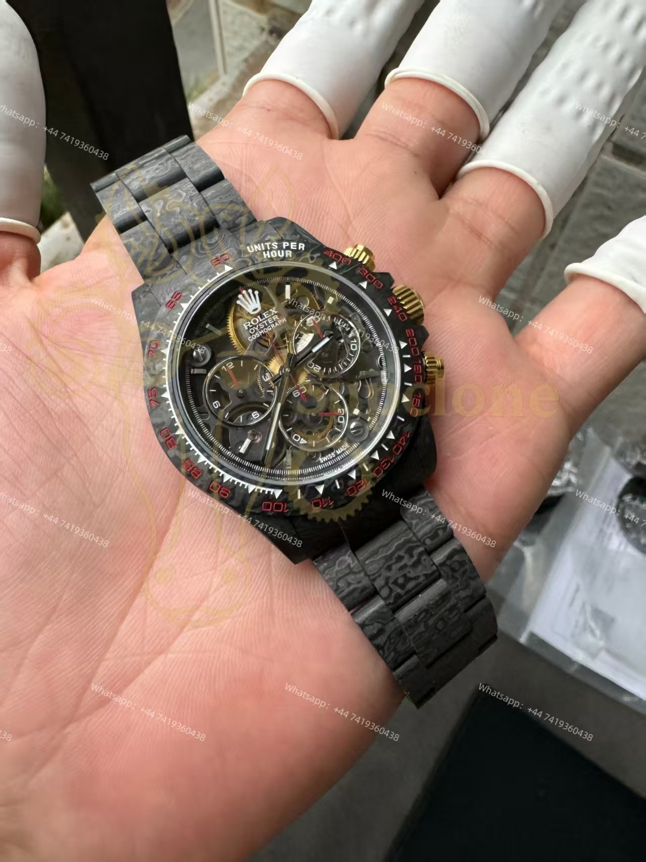 Rolex Super Clone Carbon Fiber Daytona Skeleton Red Accents Gold Pushers