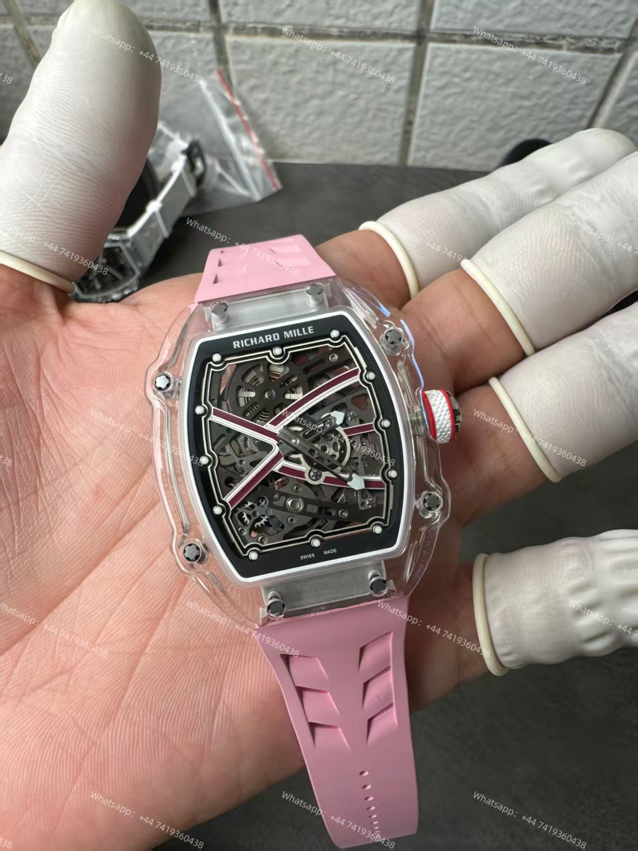 Super Clone Richard Mille RM67-02 Sapphire Crystal Skeleton Tourbillon 1:1 Replica Watch with Pink Rubber Strap