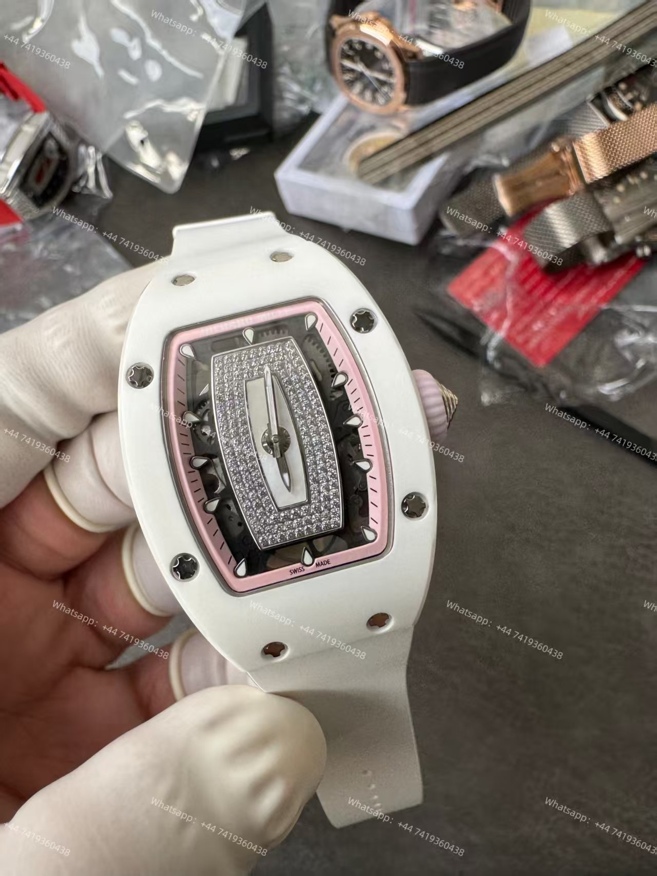 Super Clone Richard Mille RM 07-01 White Ceramic Pink Diamond 1:1 Replica Watch