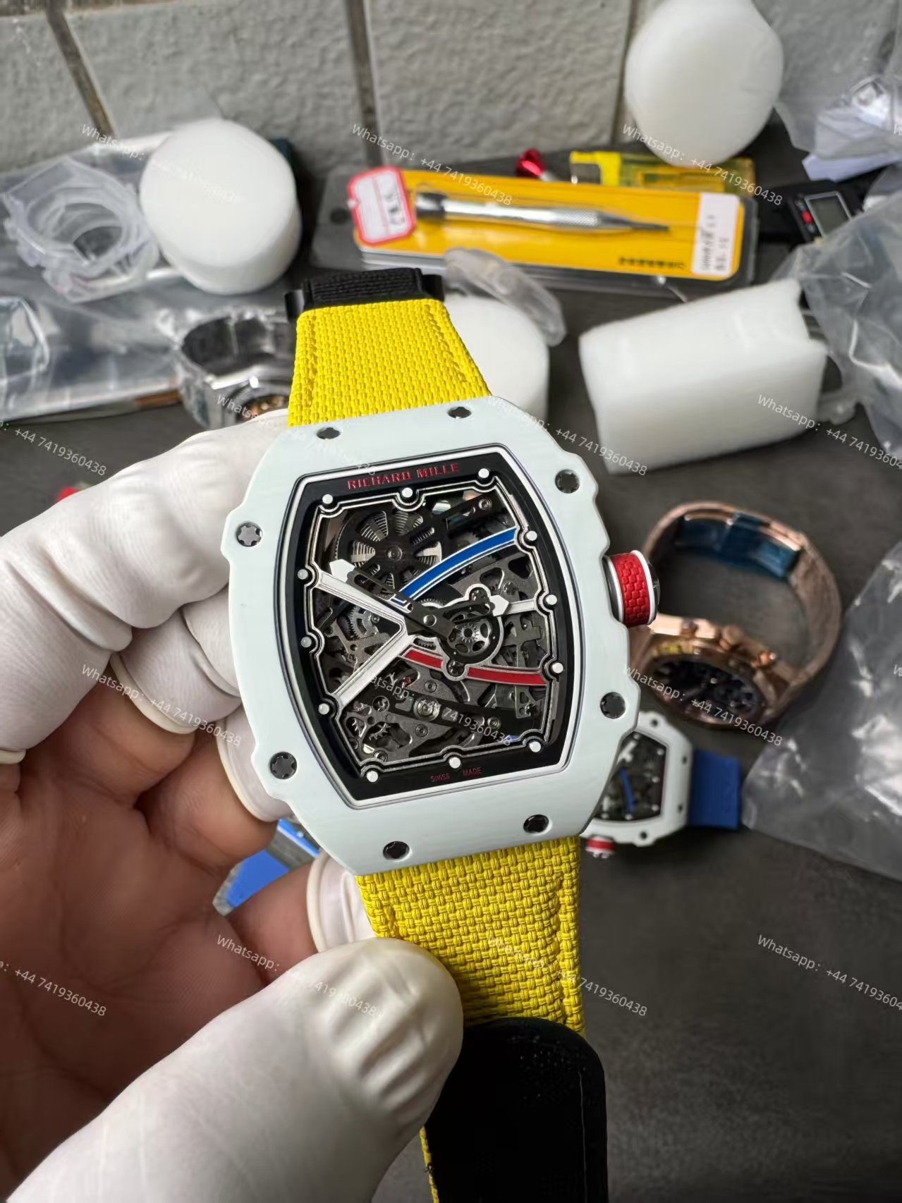 Super Clone Richard Mille RM67-02 White Ceramic Skeleton Tourbillon 1:1 Replica Watch with Yellow Strap