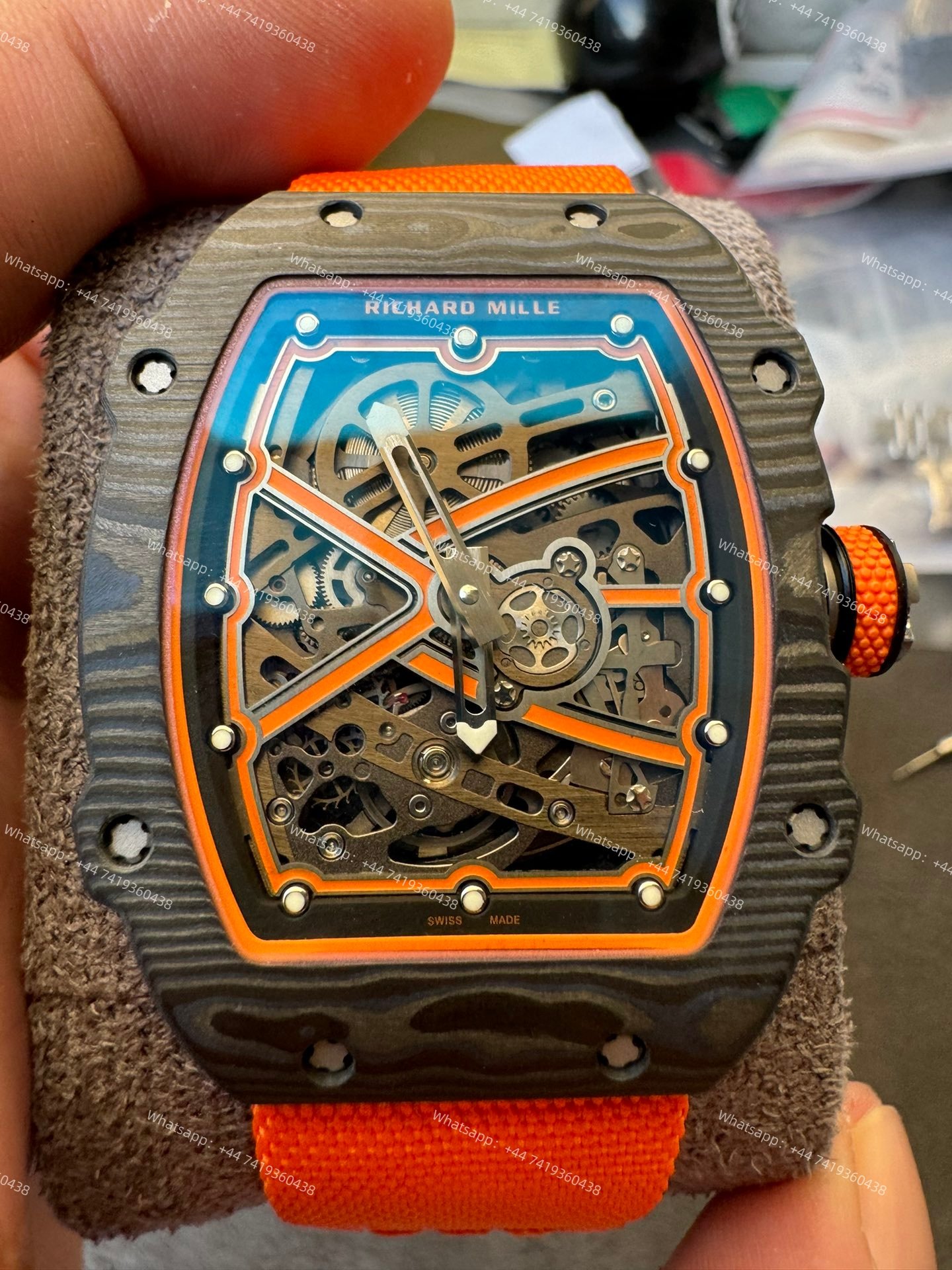 Super Clone Richard Mille RM67-02 Carbon TPT Skeleton Tourbillon 1:1 Replica Watch with Orange Strap