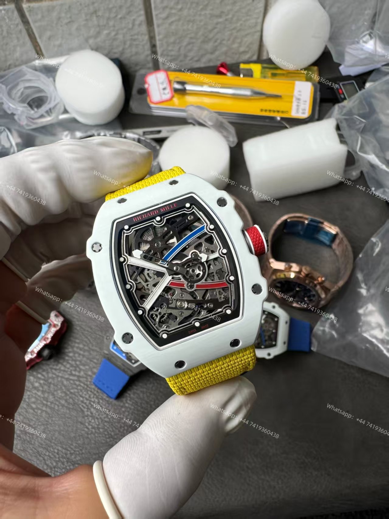 Super Clone Richard Mille RM67-02 White Ceramic Skeleton Tourbillon 1:1 Replica Watch with Yellow Strap