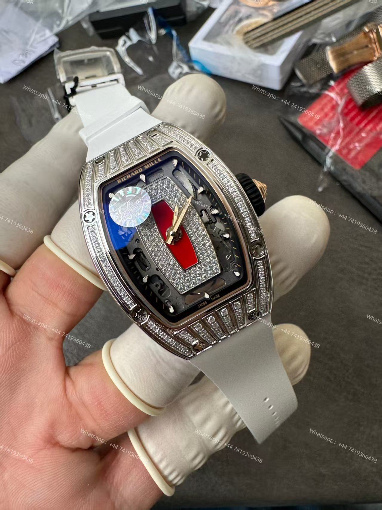 Super Clone Richard Mille RM 07 Full Diamond 1:1 Replica Watch with White Rubber Strap