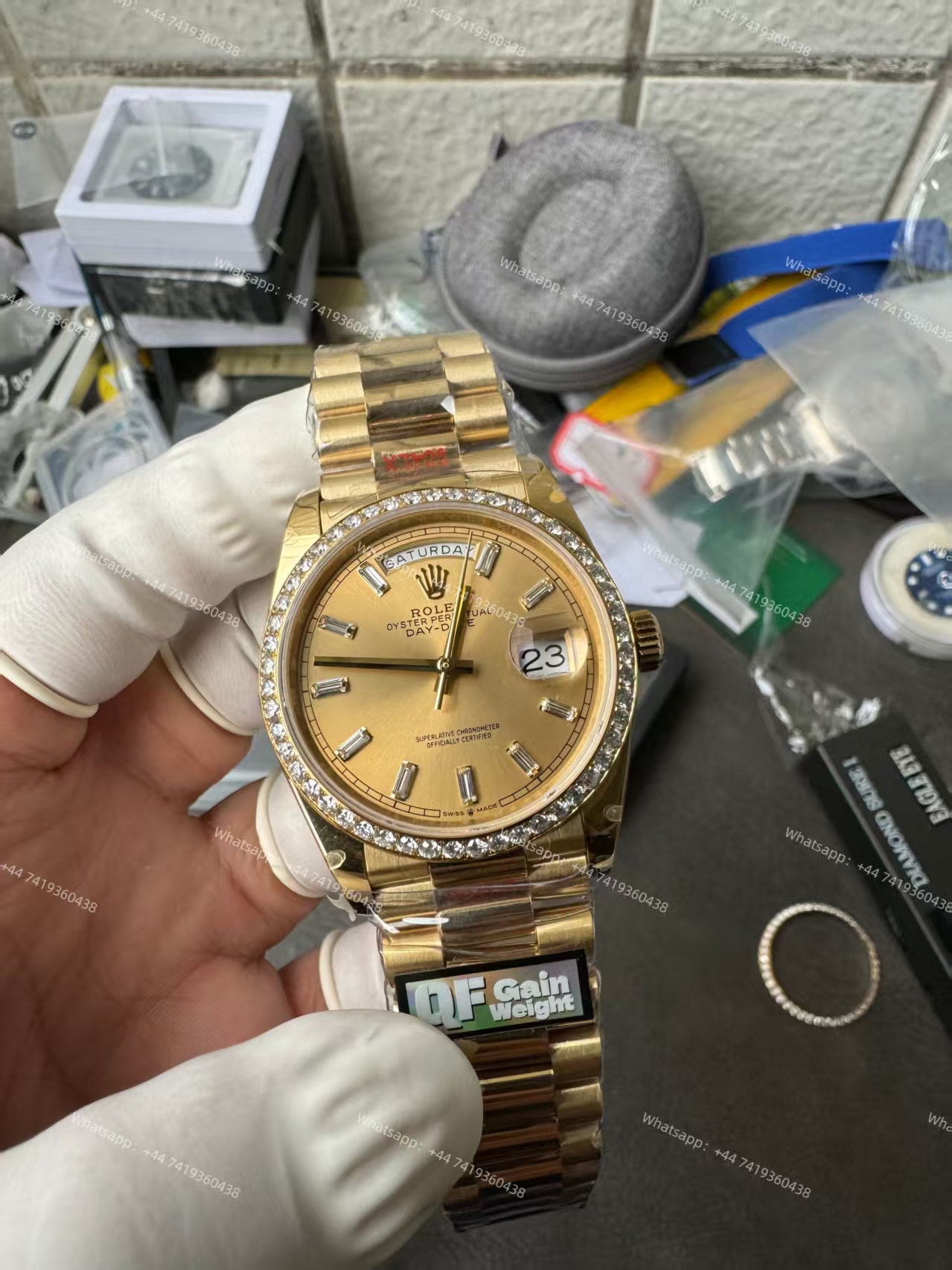 Rolex Day-Date M228348rbr-0002 Gold dial Mossanite bezel Presidential bracelet 3255 Movement (40mm) Best Super Clone