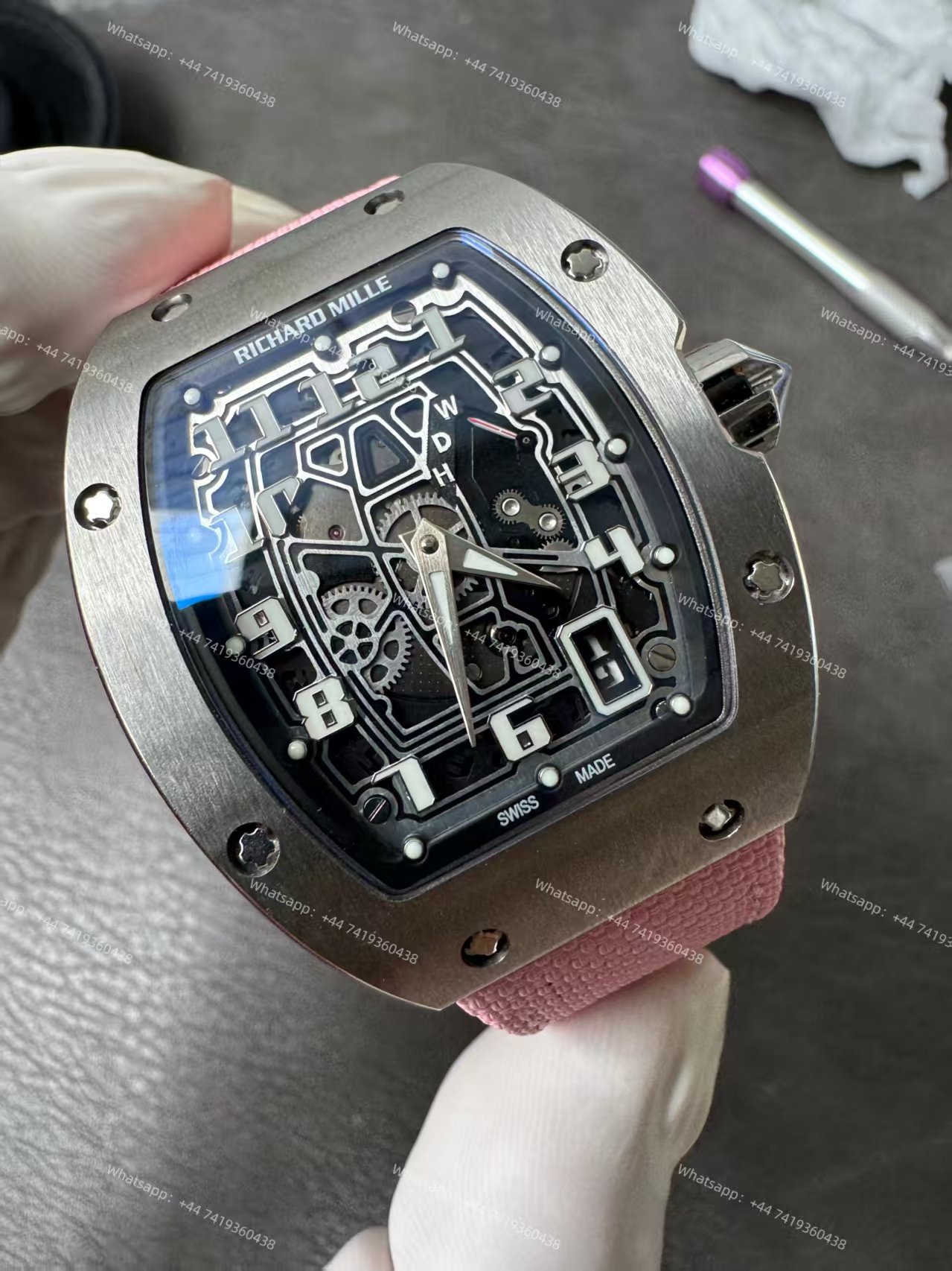 Super Clone Richard Mille RM 67-01 Titanium Skeleton Pink Velcro Strap